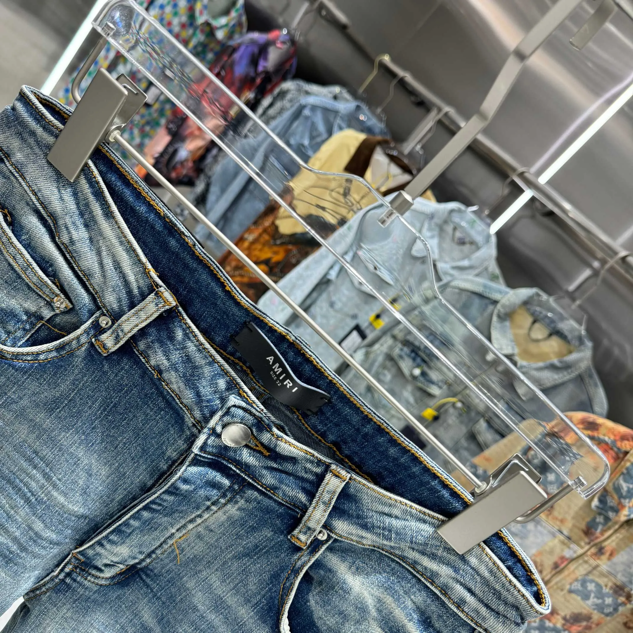 P290 Amiri ripped patchwork street fashion slim fit stretch jeans Color Blue Size 30 32 34 36 38