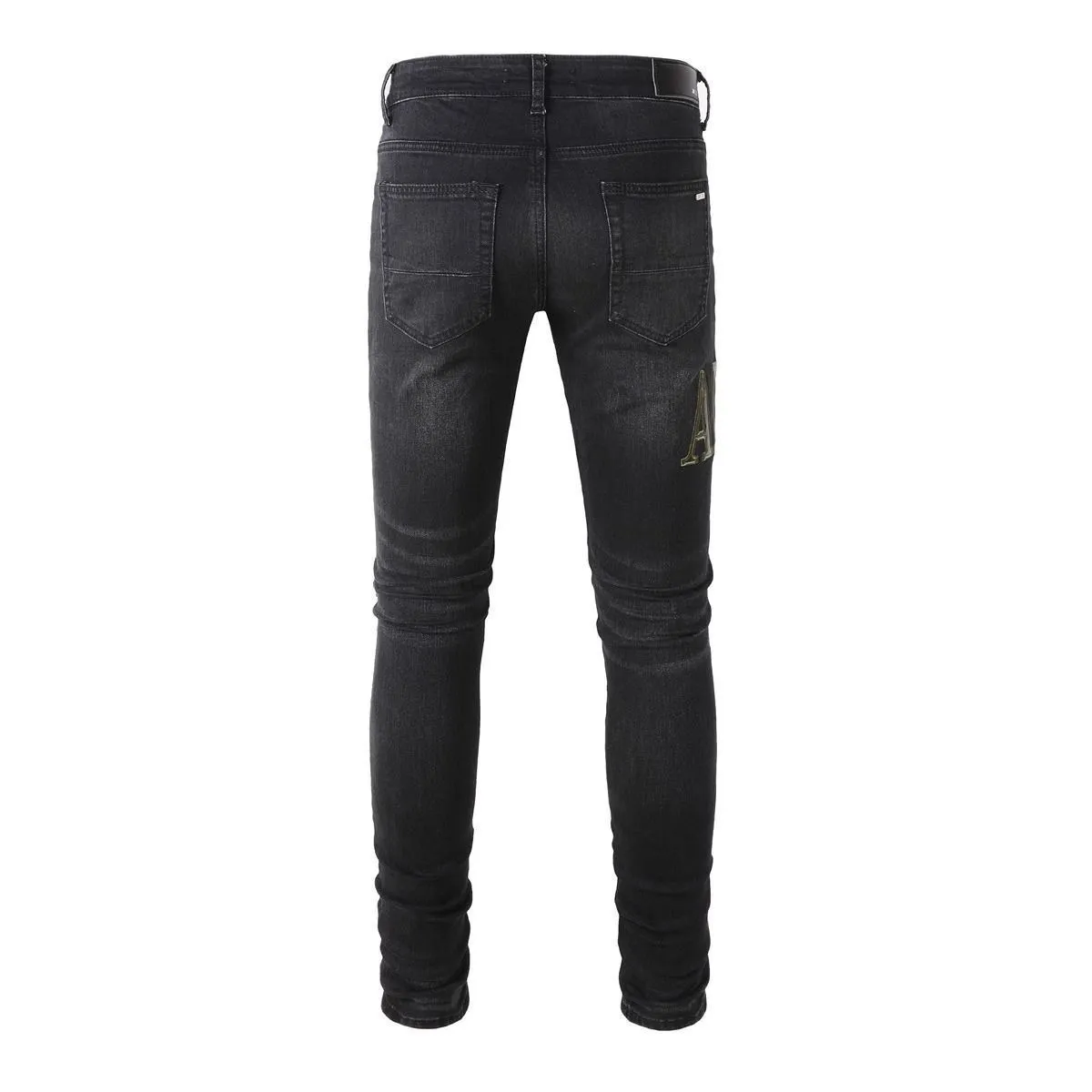 #M93 P168💰 AMIRI patch embroidery jeans trousers AMIRI high street basic ripped tight elastic jeans trousers amiri brand jeans break the production process and cutting of the original jeans, the fabrics are softer and more comfortable Hand-sewn collar label Customized logo buttons Genuine leather tag Color: Picture color Size: 30-32-34-36