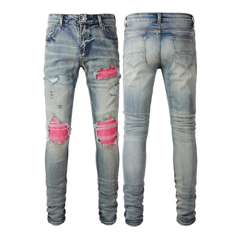 #M67 P168💰 AMIRI patch embroidery jeans trousers AMIRI high street basic ripped tight elastic jeans trousers amiri brand jeans break the production process and cutting of the original jeans, the fabrics are softer and more comfortable Hand-sewn collar label Customized logo buttons Genuine leather tag Color: Picture color Size: 30-32-34-36
