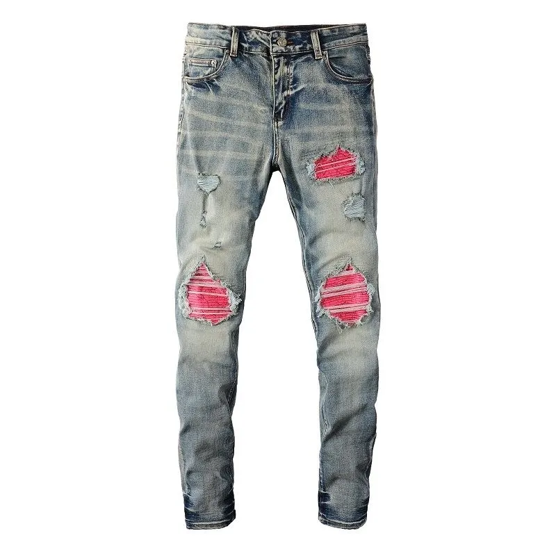 #M67 P168💰 AMIRI patch embroidery jeans trousers AMIRI high street basic ripped tight elastic jeans trousers amiri brand jeans break the production process and cutting of the original jeans, the fabrics are softer and more comfortable Hand-sewn collar label Customized logo buttons Genuine leather tag Color: Picture color Size: 30-32-34-36