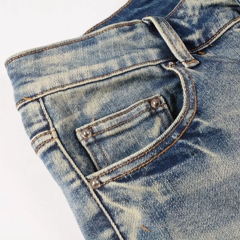 #M67 P168💰 AMIRI patch embroidery jeans trousers AMIRI high street basic ripped tight elastic jeans trousers amiri brand jeans break the production process and cutting of the original jeans, the fabrics are softer and more comfortable Hand-sewn collar label Customized logo buttons Genuine leather tag Color: Picture color Size: 30-32-34-36