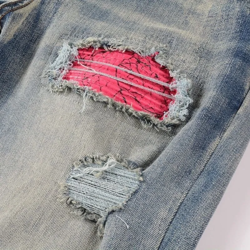 #M67 P168💰 AMIRI patch embroidery jeans trousers AMIRI high street basic ripped tight elastic jeans trousers amiri brand jeans break the production process and cutting of the original jeans, the fabrics are softer and more comfortable Hand-sewn collar label Customized logo buttons Genuine leather tag Color: Picture color Size: 30-32-34-36