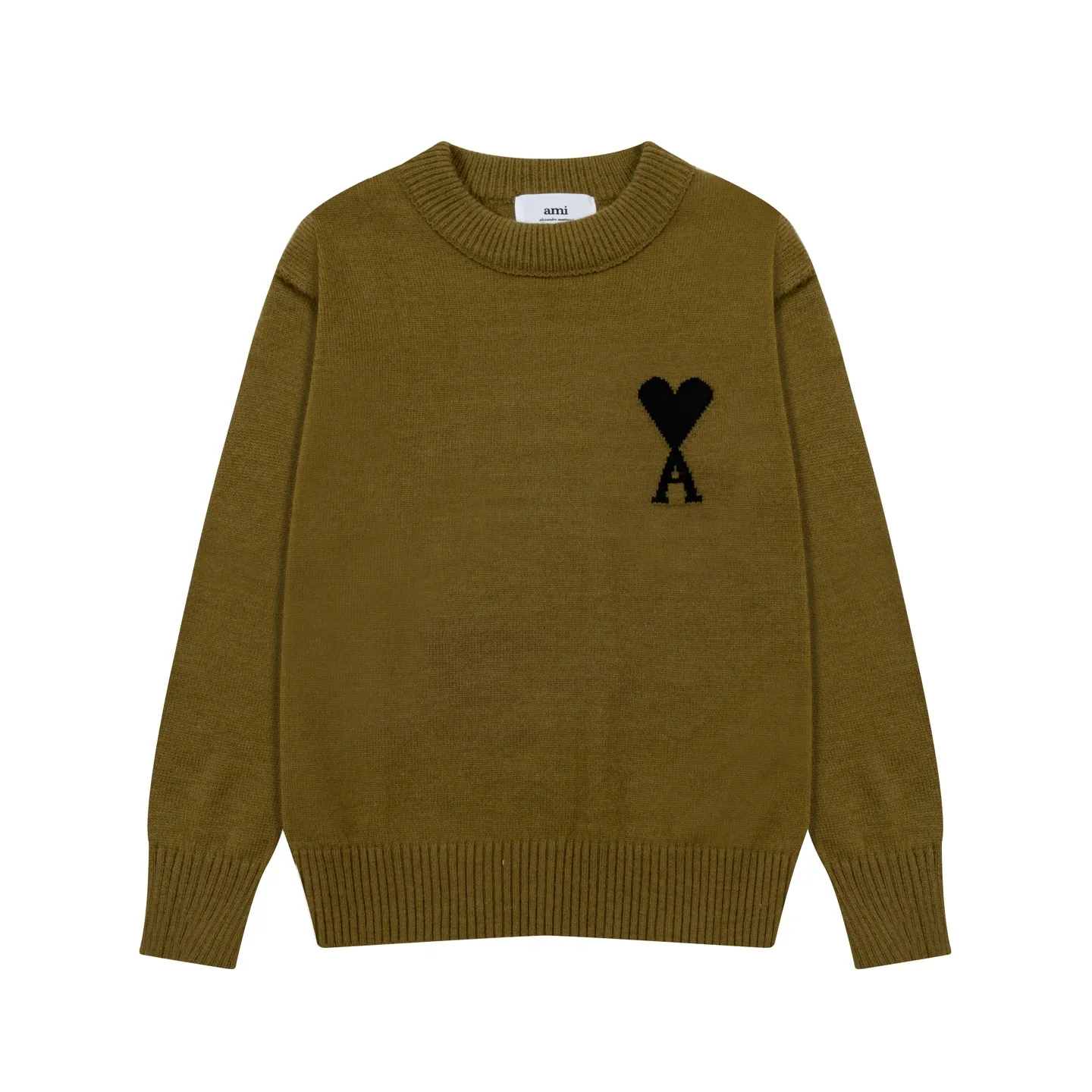 8200# Ami Paris2025 [New product for autumn and winter] Black love jacquard ADC Merino round neck pullover sweater with reverse bone stitching throughout the body. Same style for men and women. Oversize version. Color: white apricot, dark gray, green khaki, size S-XL