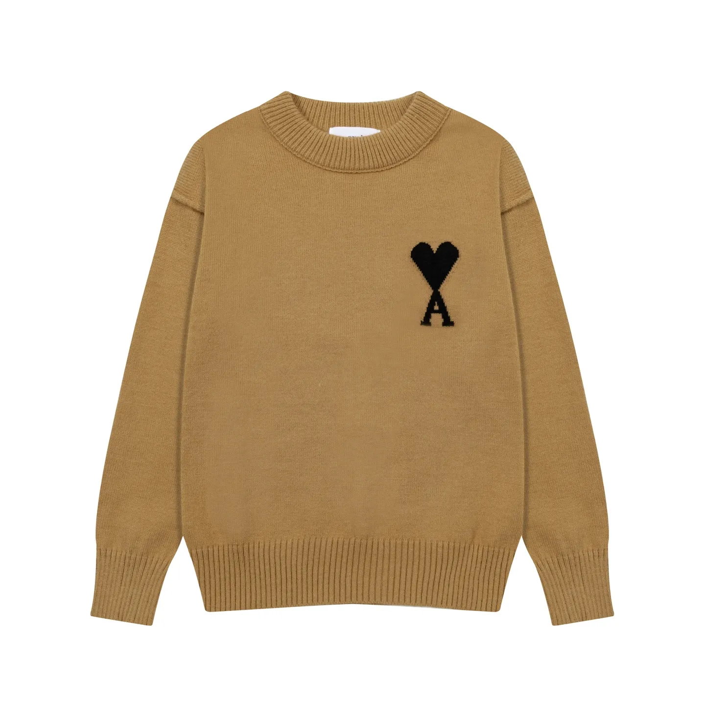 8200# Ami Paris2025 [New product for autumn and winter] Black love jacquard ADC Merino round neck pullover sweater with reverse bone stitching throughout the body. Same style for men and women. Oversize version. Color: white apricot, dark gray, green khaki, size S-XL