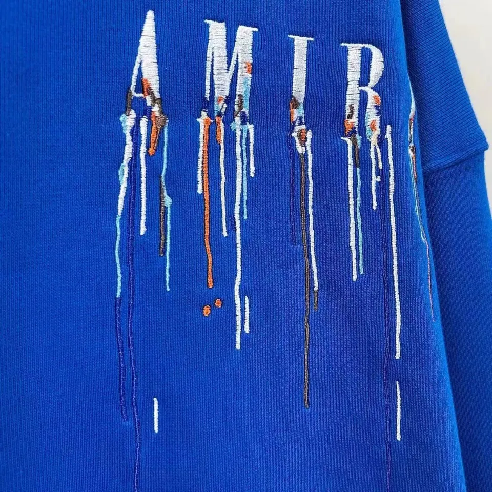 7017#P340AMIRI Fall/Winter 22 men’s black paint-splashed letter LOGO pattern embroidered sweatshirt hoodie. Color: black. blue. Size: S M L XL