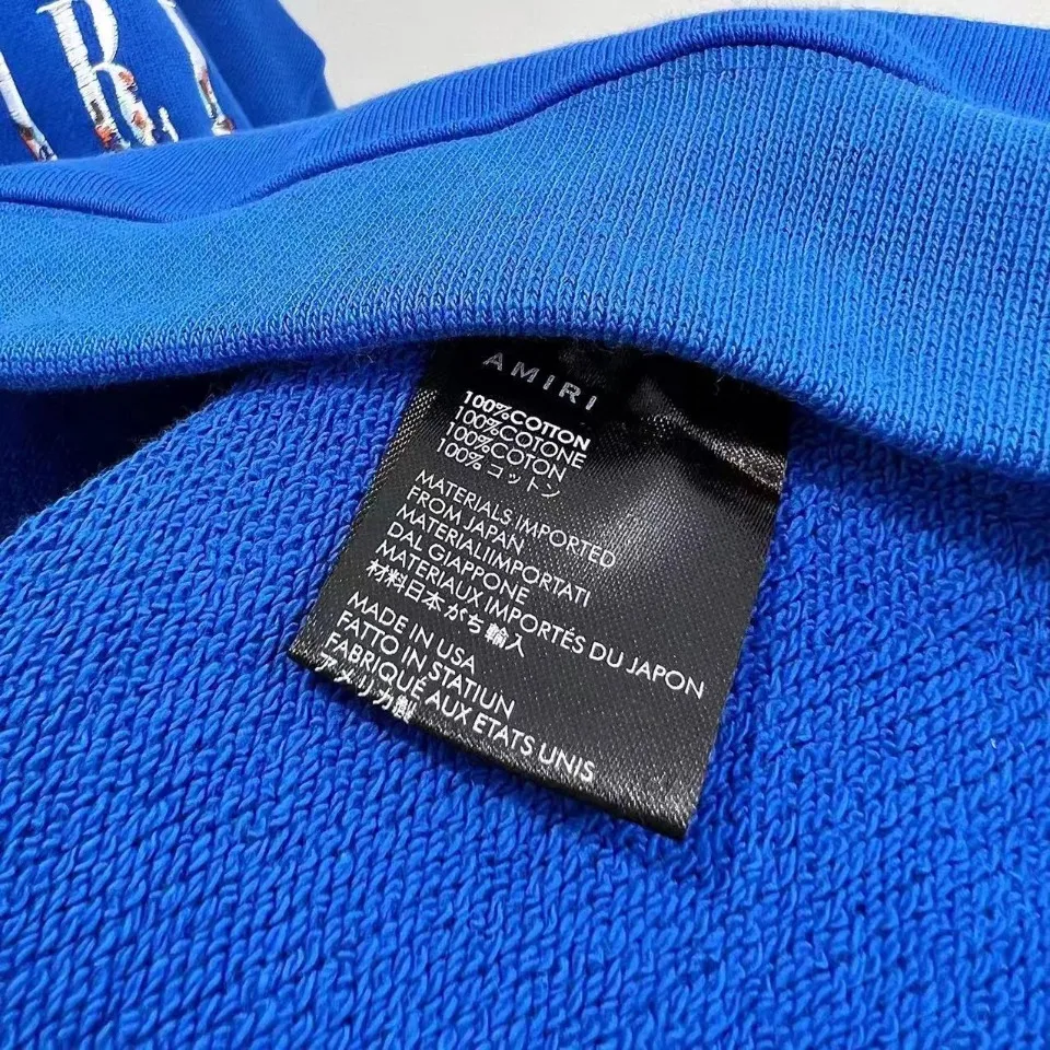 7017#P340AMIRI Fall/Winter 22 men’s black paint-splashed letter LOGO pattern embroidered sweatshirt hoodie. Color: black. blue. Size: S M L XL