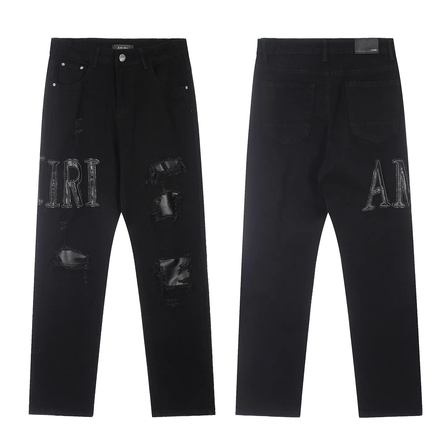 #M34 P168💰 Amiri classic embroidered patched leather ripped lettering jeans. Slim fit jeans. Produced by a major washed factory. Full of high-end. Partial destruction of the knees and patchwork design. Already used as a facade design. Leather waist nameplate. The focus of this style is not on the washing, but on the shape and version of the destruction. The secret lies in the craftsmanship of the master. The cost of post-processing, grinding, cutting, etc. is far beyond the cost of assembly line products. Color: Picture color Size: 30-32-34-36