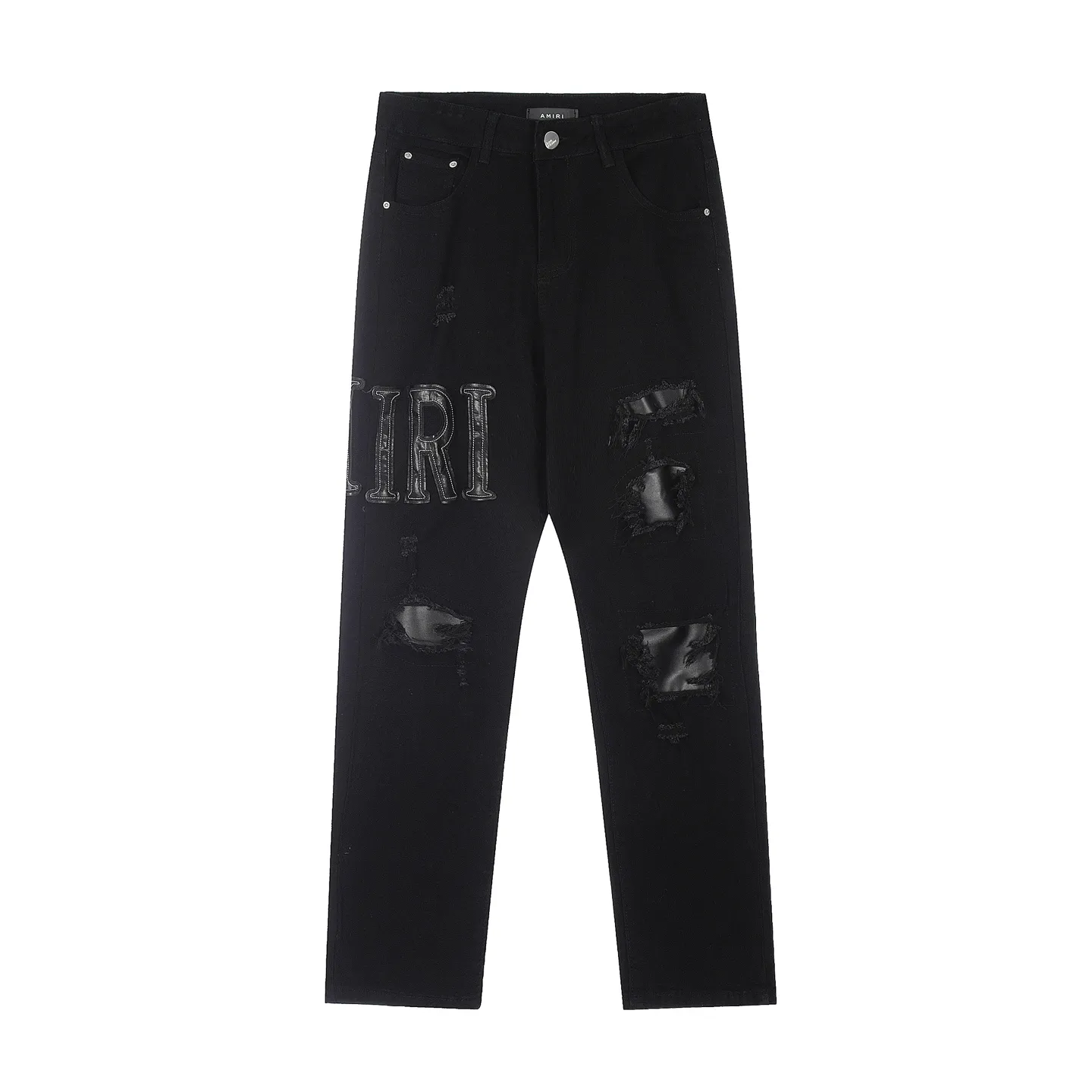 #M34 P168💰 Amiri classic embroidered patched leather ripped lettering jeans. Slim fit jeans. Produced by a major washed factory. Full of high-end. Partial destruction of the knees and patchwork design. Already used as a facade design. Leather waist nameplate. The focus of this style is not on the washing, but on the shape and version of the destruction. The secret lies in the craftsmanship of the master. The cost of post-processing, grinding, cutting, etc. is far beyond the cost of assembly line products. Color: Picture color Size: 30-32-34-36