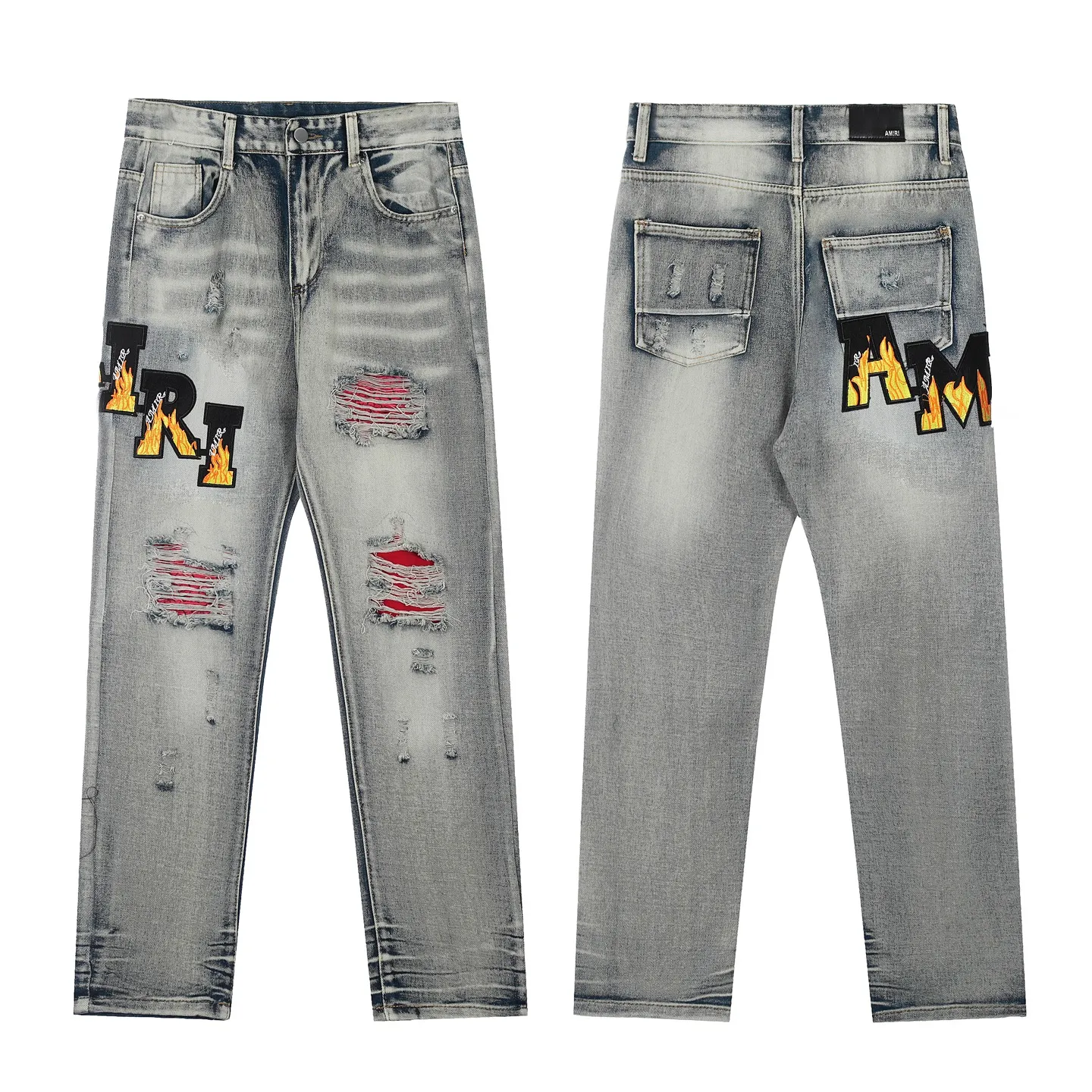 #M27 P168💰 Amiri classic embroidered patched leather ripped letter skinny jeans. Slim skinny jeans. Produced by a major washed factory. Full of high-end feel. Knee part destroyed design with patchwork design. Already used as facade design. Leather waist nameplate. The focus of this style is not on washing, but on the destroyed shape and version. The secret lies in the craftsmanship of the master. The cost of post-processing, grinding, cutting, etc. is far beyond the cost of assembly line products. Color: Picture color Size: 30-32-34-36