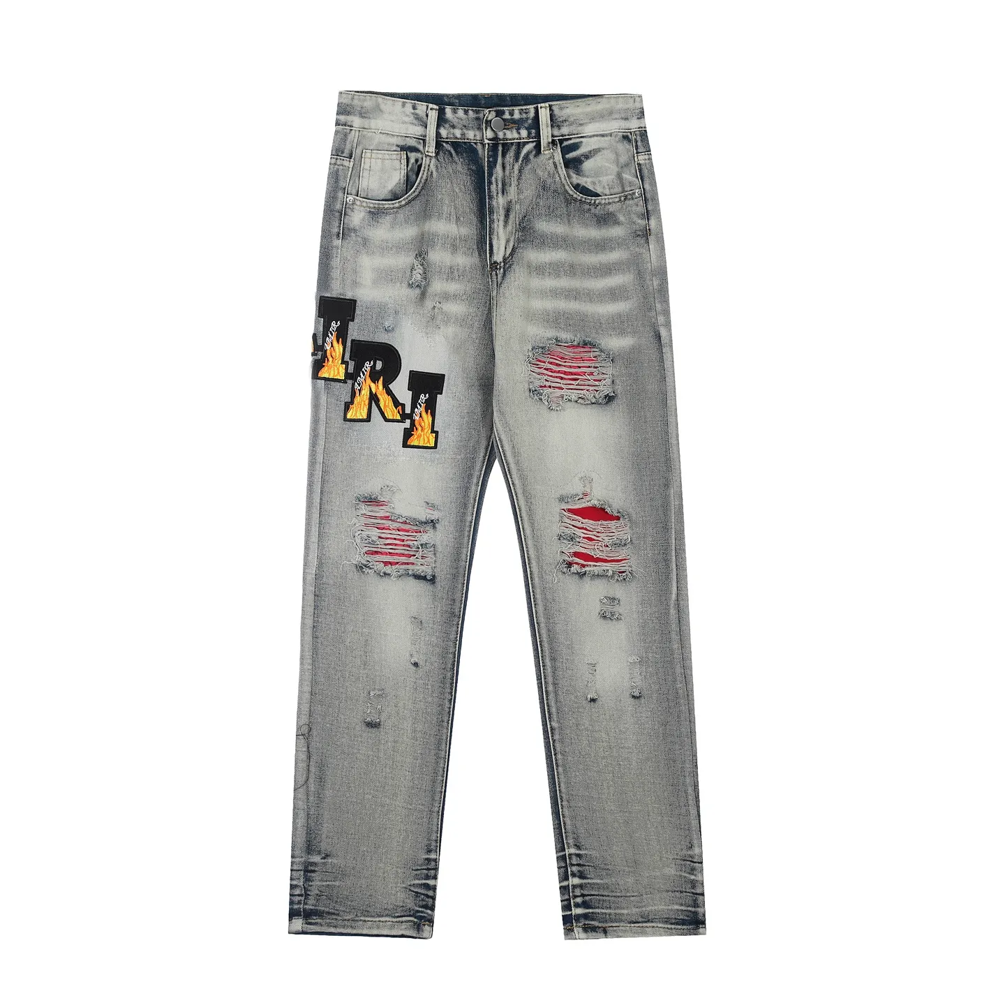 #M27 P168💰 Amiri classic embroidered patched leather ripped letter skinny jeans. Slim skinny jeans. Produced by a major washed factory. Full of high-end feel. Knee part destroyed design with patchwork design. Already used as facade design. Leather waist nameplate. The focus of this style is not on washing, but on the destroyed shape and version. The secret lies in the craftsmanship of the master. The cost of post-processing, grinding, cutting, etc. is far beyond the cost of assembly line products. Color: Picture color Size: 30-32-34-36