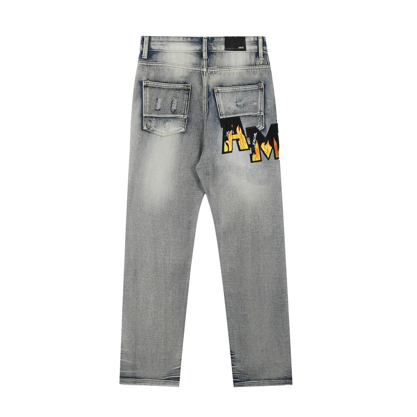 #M27 P168💰 Amiri classic embroidered patched leather ripped letter skinny jeans. Slim skinny jeans. Produced by a major washed factory. Full of high-end feel. Knee part destroyed design with patchwork design. Already used as facade design. Leather waist nameplate. The focus of this style is not on washing, but on the destroyed shape and version. The secret lies in the craftsmanship of the master. The cost of post-processing, grinding, cutting, etc. is far beyond the cost of assembly line products. Color: Picture color Size: 30-32-34-36