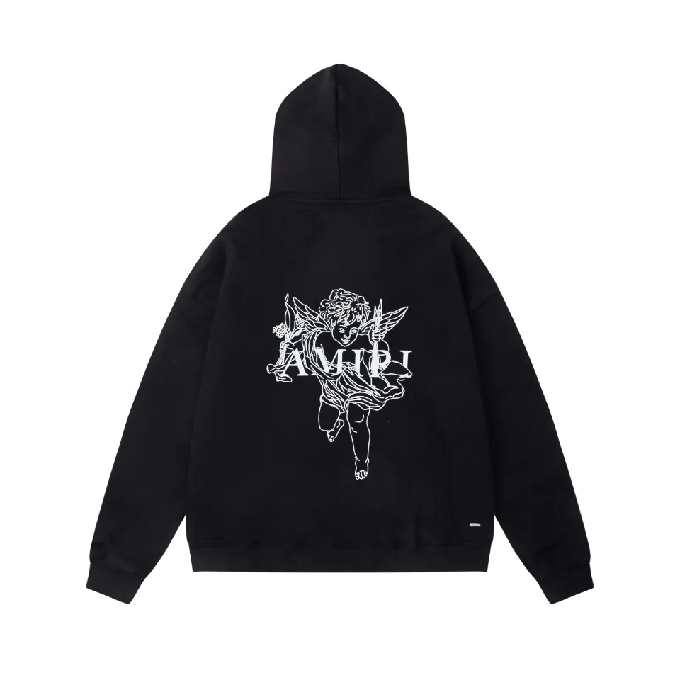 7026#P300ss Amiri high street style angel cupid steel fork foam printed Lane Crawford hooded sweatshirt. Color: black. Size: S M L XL
