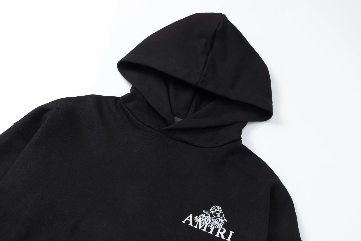 7026#P300ss Amiri high street style angel cupid steel fork foam printed Lane Crawford hooded sweatshirt. Color: black. Size: S M L XL