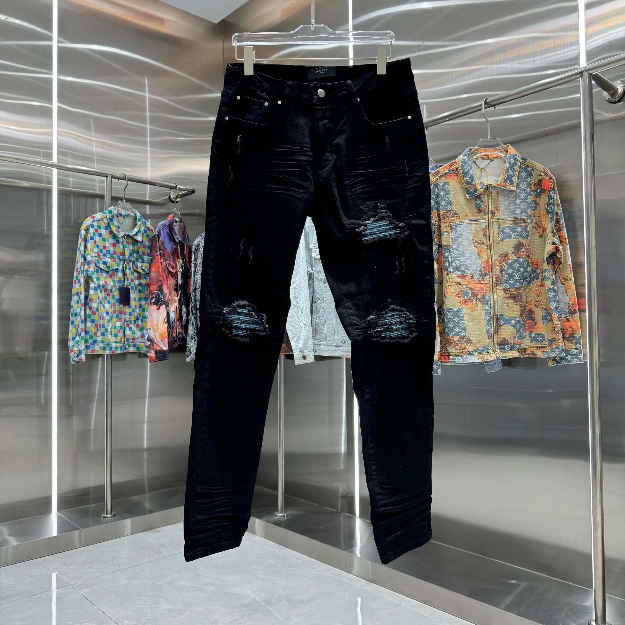 P280 Amiri ripped craft street fashion slim fit stretch jeans color black size 30 32 34 36 38