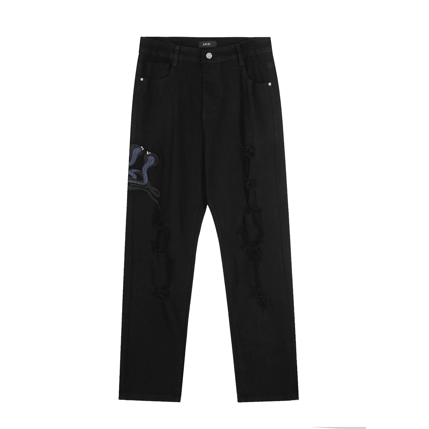 M57 P168💰 Amiri classic embroidered patched leather distressed letter jeans, slim fit jeans, produced by a large washed factory. Full of high-end feel. Knee part destroyed design with patchwork design. Already used as facade design. Leather waist nameplate. The focus of this style is not on washing, but on the shape and version of the destruction. The secret lies in the craftsmanship of the master. Later fraying, horse cutting, knife cutting, etc. The cost of hand-made products is far beyond comparison with assembly line products. Color: Picture color Size: 30-32-34-36