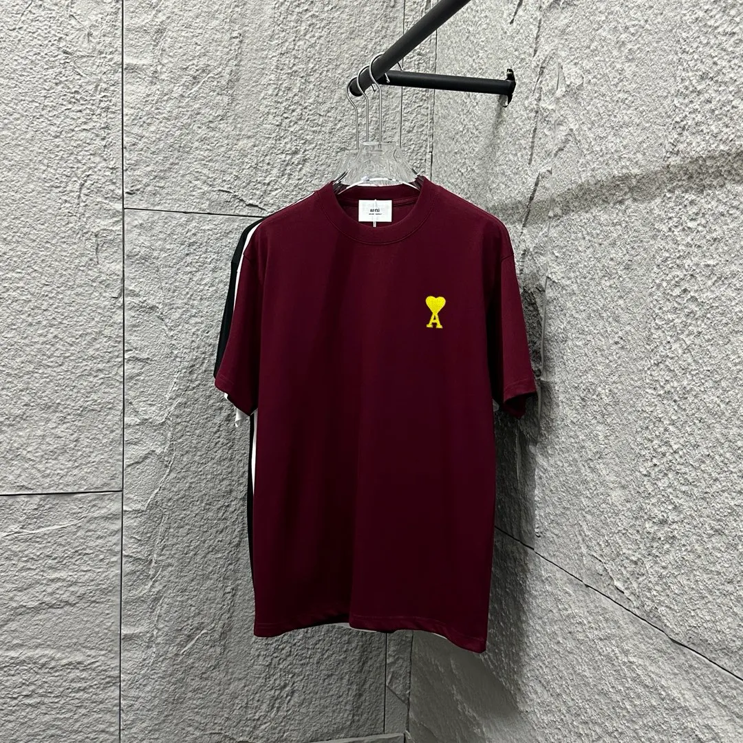 🅿️180 Ami* 2025 Spring and Summer New Style Embroidered yellow little love Customized double yarn plain cotton fabric Short-sleeved T-shirt Uniform for men and women Color: Black White Floral Gray Angora Red Size: S (90-130 catties) M (120-150 catties) L (140-165 catties) XL (160-180 catties) XXL (180-210 pounds)