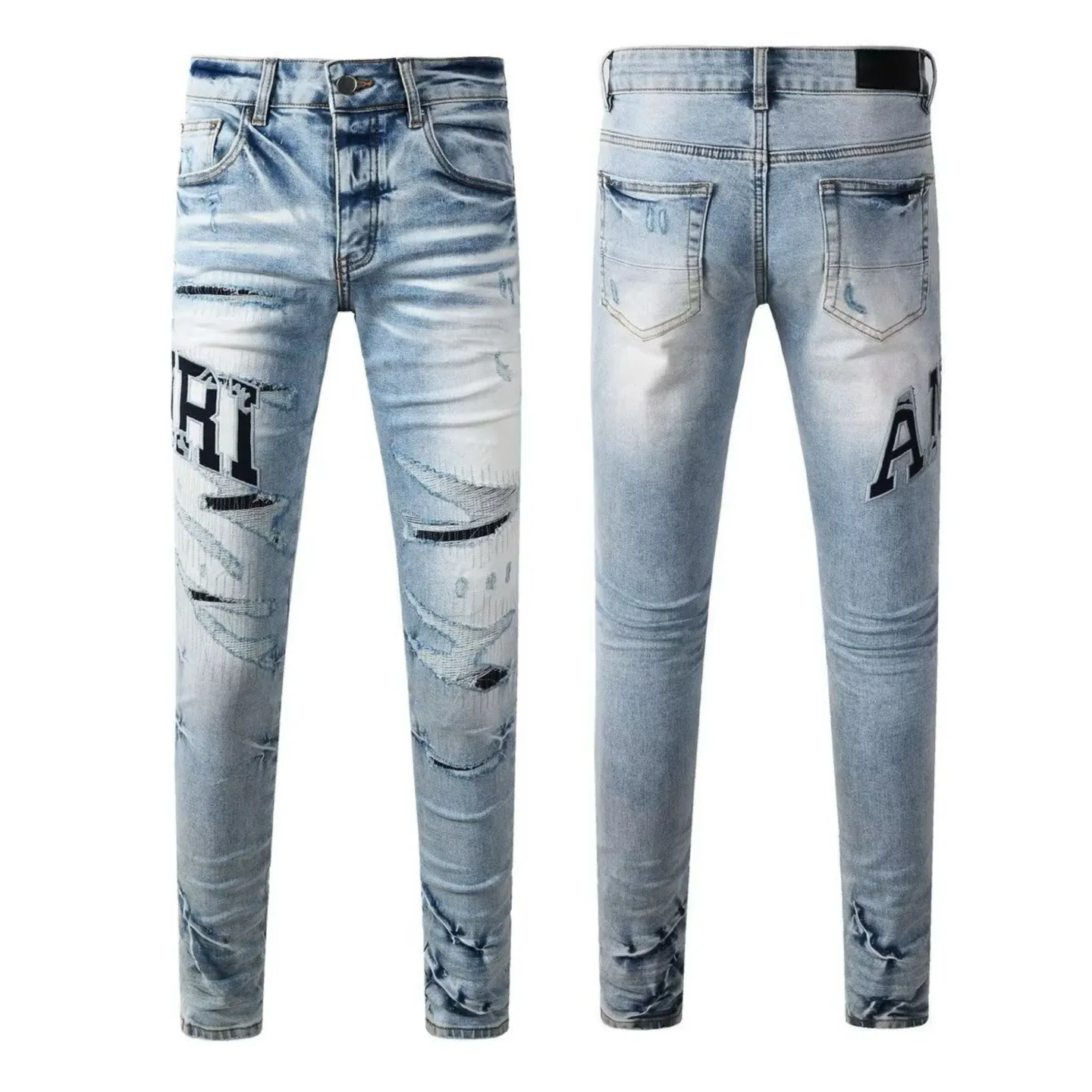 P220 💰 AMIRI patch embroidery jeans trousers AMIRI high street basic ripped tight elastic jeans trousers amiri brand jeans break the production process and cutting of the original jeans, the fabrics are softer and more comfortable Hand-sewn collar label Customized logo buttons Genuine leather tag Color: Picture color Size: 30-32-34-36