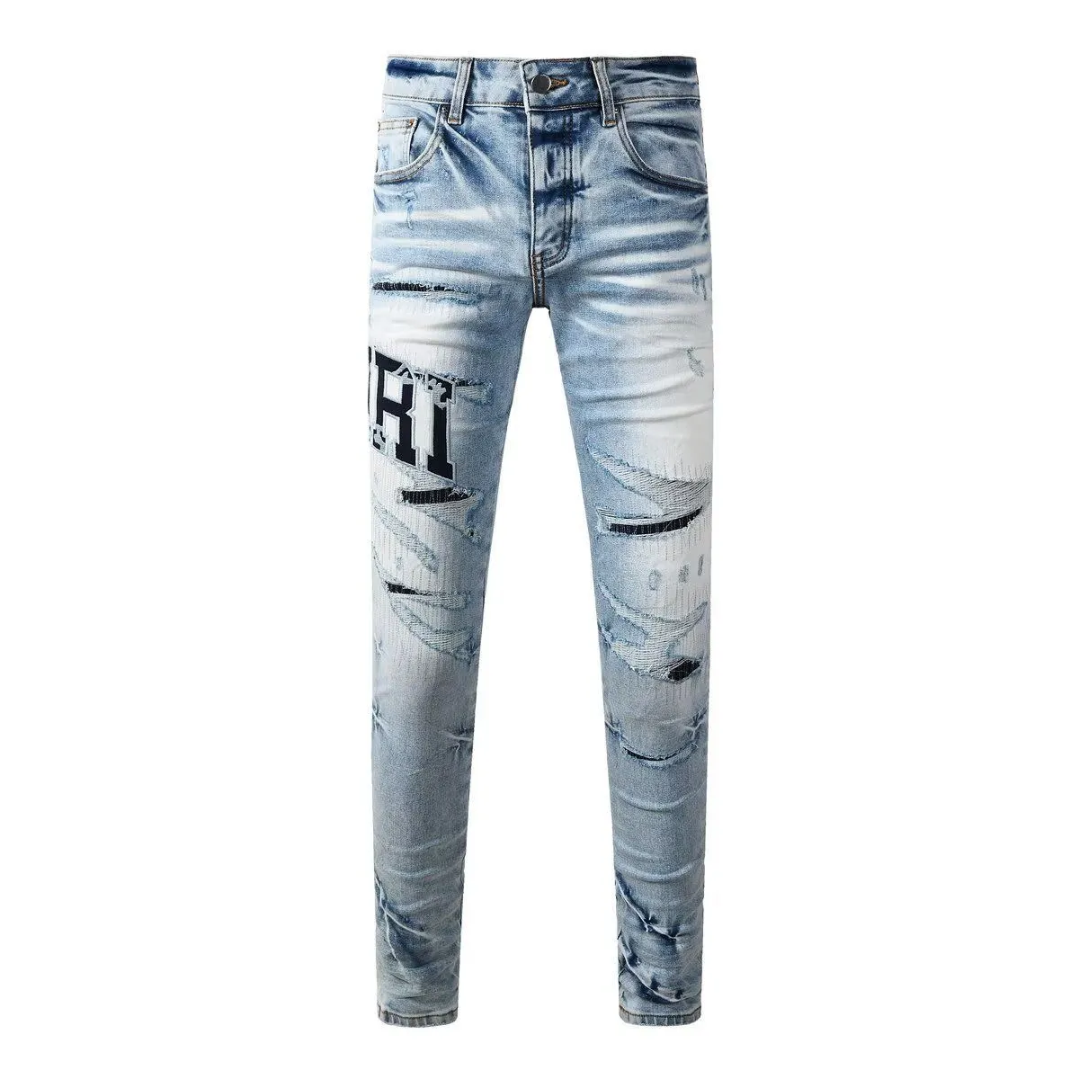 P220 💰 AMIRI patch embroidery jeans trousers AMIRI high street basic ripped tight elastic jeans trousers amiri brand jeans break the production process and cutting of the original jeans, the fabrics are softer and more comfortable Hand-sewn collar label Customized logo buttons Genuine leather tag Color: Picture color Size: 30-32-34-36