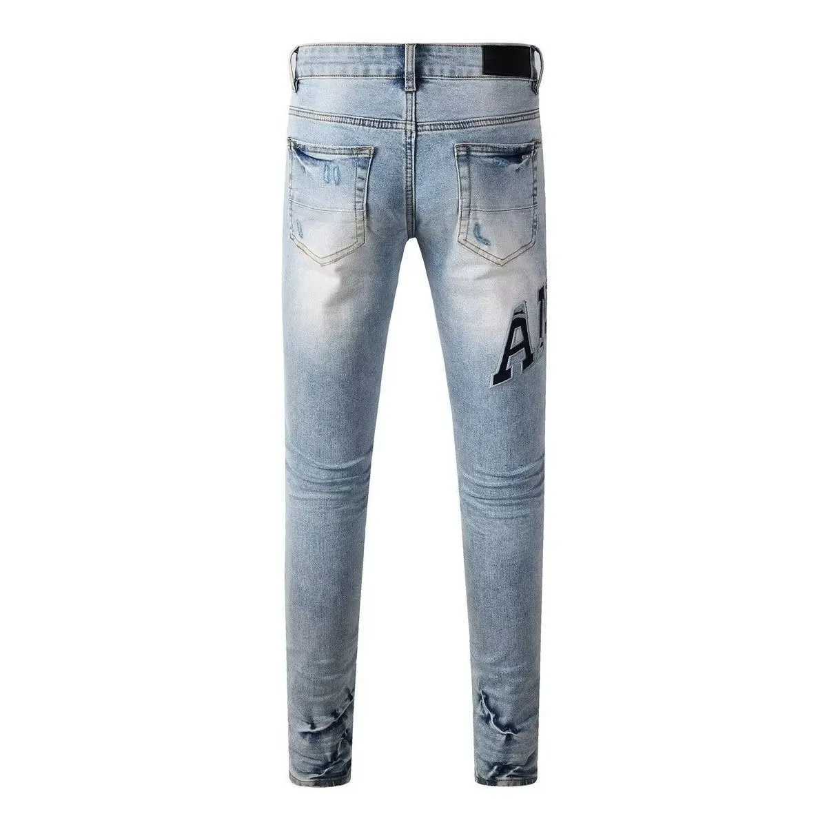 P220 💰 AMIRI patch embroidery jeans trousers AMIRI high street basic ripped tight elastic jeans trousers amiri brand jeans break the production process and cutting of the original jeans, the fabrics are softer and more comfortable Hand-sewn collar label Customized logo buttons Genuine leather tag Color: Picture color Size: 30-32-34-36