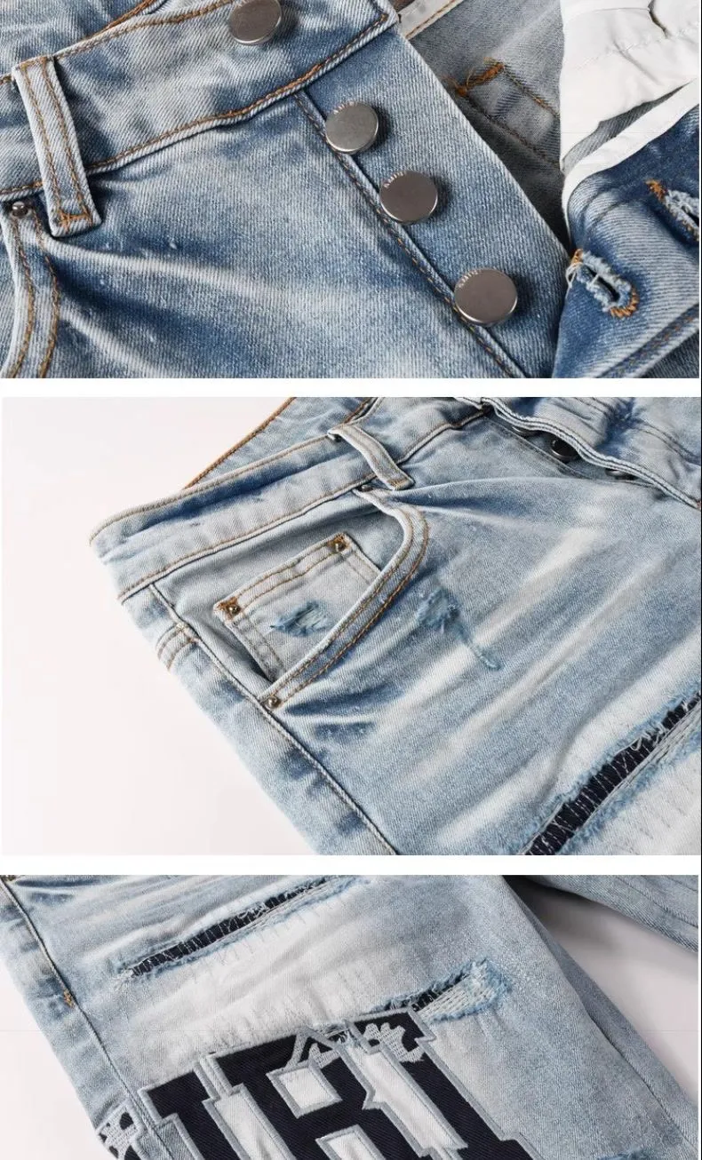 P220 💰 AMIRI patch embroidery jeans trousers AMIRI high street basic ripped tight elastic jeans trousers amiri brand jeans break the production process and cutting of the original jeans, the fabrics are softer and more comfortable Hand-sewn collar label Customized logo buttons Genuine leather tag Color: Picture color Size: 30-32-34-36