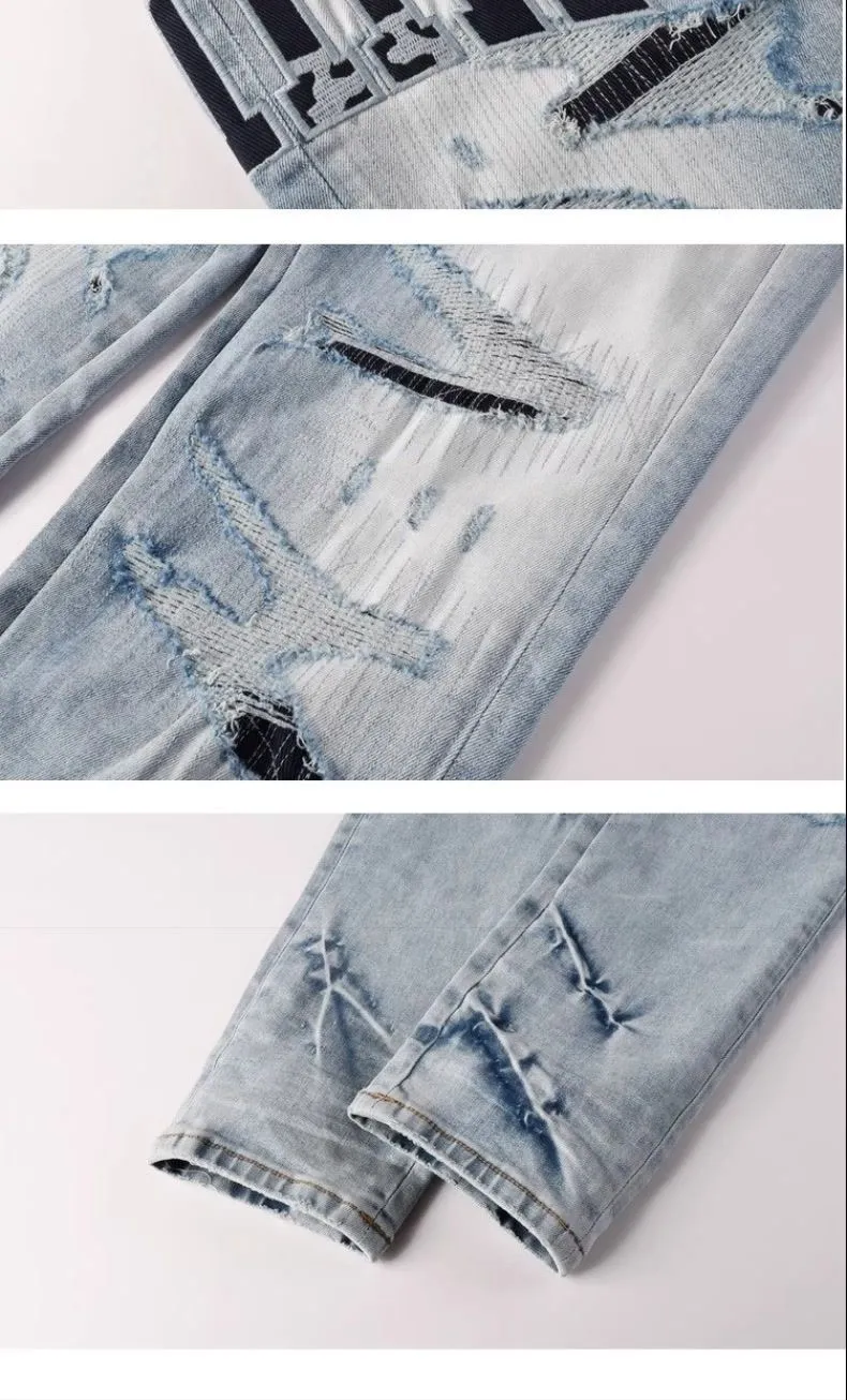 P220 💰 AMIRI patch embroidery jeans trousers AMIRI high street basic ripped tight elastic jeans trousers amiri brand jeans break the production process and cutting of the original jeans, the fabrics are softer and more comfortable Hand-sewn collar label Customized logo buttons Genuine leather tag Color: Picture color Size: 30-32-34-36
