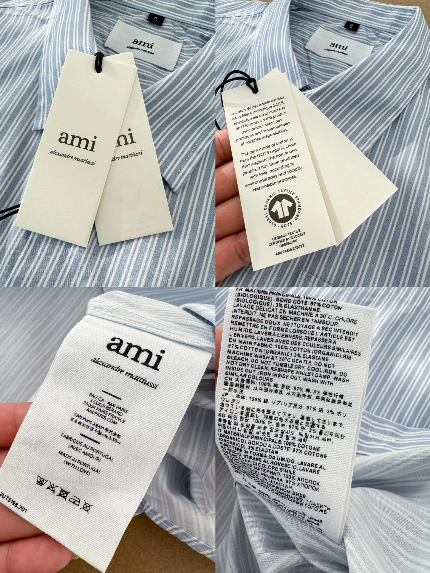 Ami Paris men's 24 spring and summer new love style loose cotton striped short shirt with the same color love at the back of the neck - the same style for men and women. The same color small love embroidery decoration at the back of the neck is fashionable and versatile long-sleeved shirt! On sale simultaneously at counters!  A well-known French affordable luxury fashion brand. The brand's classic elements are embellishments sought after by major celebrities. Its basic simple design and fashionable style make it a must-have couple's shirt for men and women!  Made of custom-woven 100% silk cotton material, it feels soft and delicate, has excellent moisture absorption and perspiration performance, and is very comfortable and skin-friendly when worn next to the skin! The simple and versatile pockets on the chest follow the consistent minimalist French attitude. The fabric is soft and comfortable, suitable for any versatile casual shirt couple!  Color: Blue Black Size: S-XL S: Bust 102, Shoulder 47, Length 70 M: Bust 106, Shoulder 48, Length 72 L: Bust 110, Shoulder 49, Length 74 XL: Bust 114, Shoulder 50, Length 76