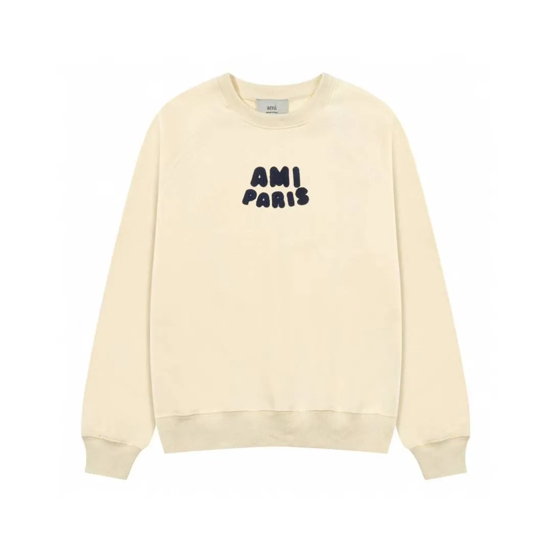 666# AMI PARIS 25 new autumn and winter crochet monogram micro-label towel embroidered raglan round neck pullover sweatshirt Customized 360g pure cotton fabric YP replica New main wheat Washable wheat QR code can be scanned Same style for men and women Color: Baolan apricot Size: S-XL