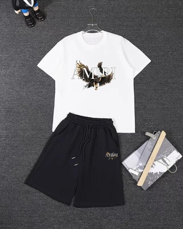 P280 AMIRI spring and summer short-sleeved suit, Xinjiang long-staple cotton short-sleeved + pure cotton terry shorts, a fusion of top elements, trendy men's fashion, unparalleled in terms of upper body comfort, it can be said to be a must-have set for summer. Size: S M L