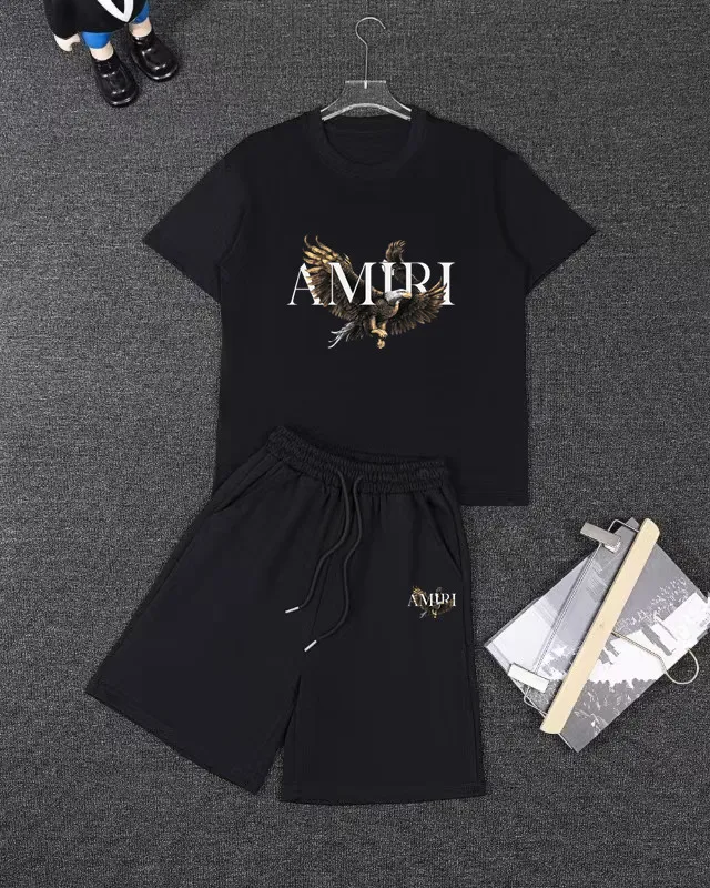 P280 AMIRI spring and summer short-sleeved suit, Xinjiang long-staple cotton short-sleeved + pure cotton terry shorts, a fusion of top elements, trendy men's fashion, unparalleled in terms of upper body comfort, it can be said to be a must-have set for summer. Size: S M L