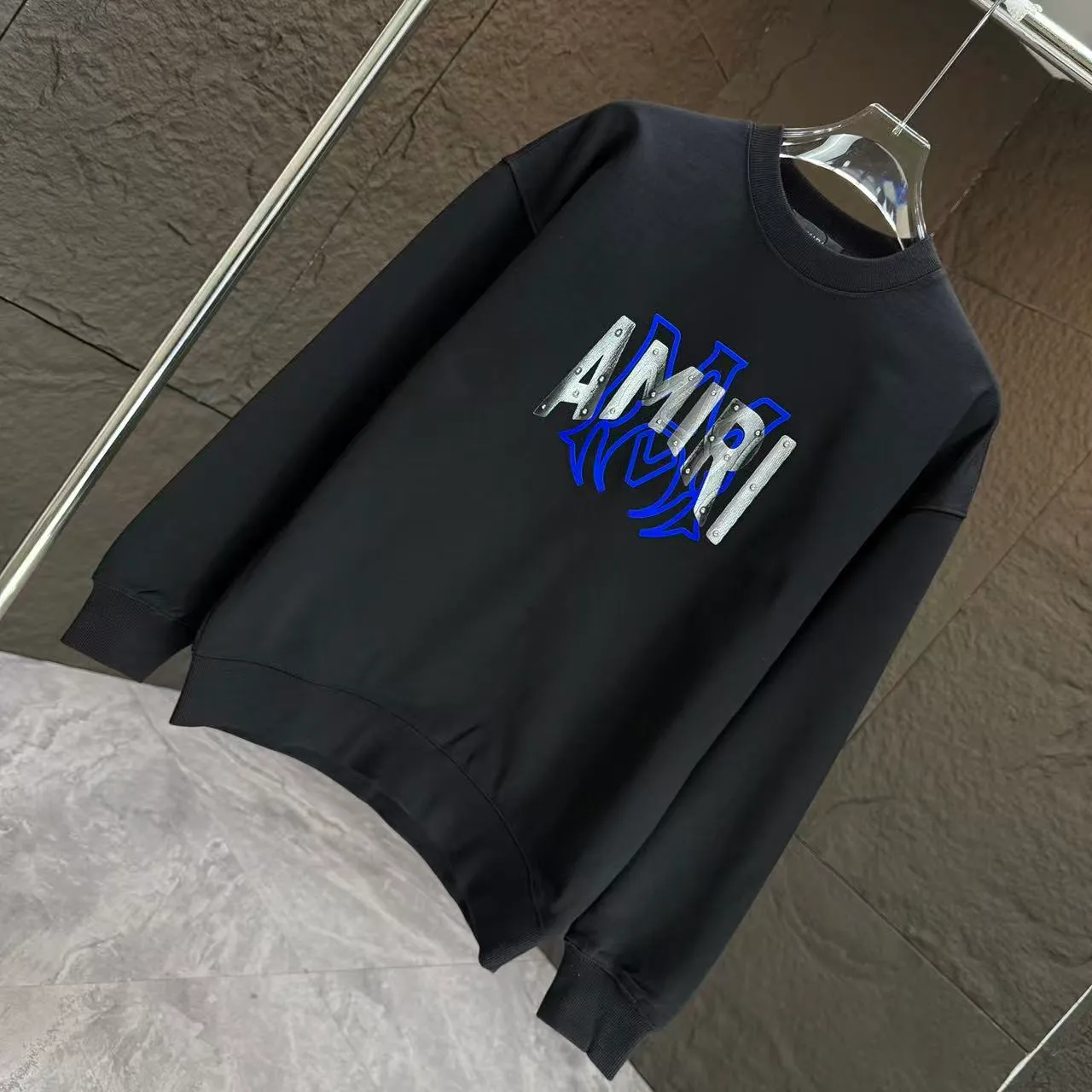 P210 AMIRI* 2025 autumn and winter new round neck sweatshirt 400g terry cotton letter flocking➕3D printing Color: Black White Gray Dark Blue Size: S M L XL XXL