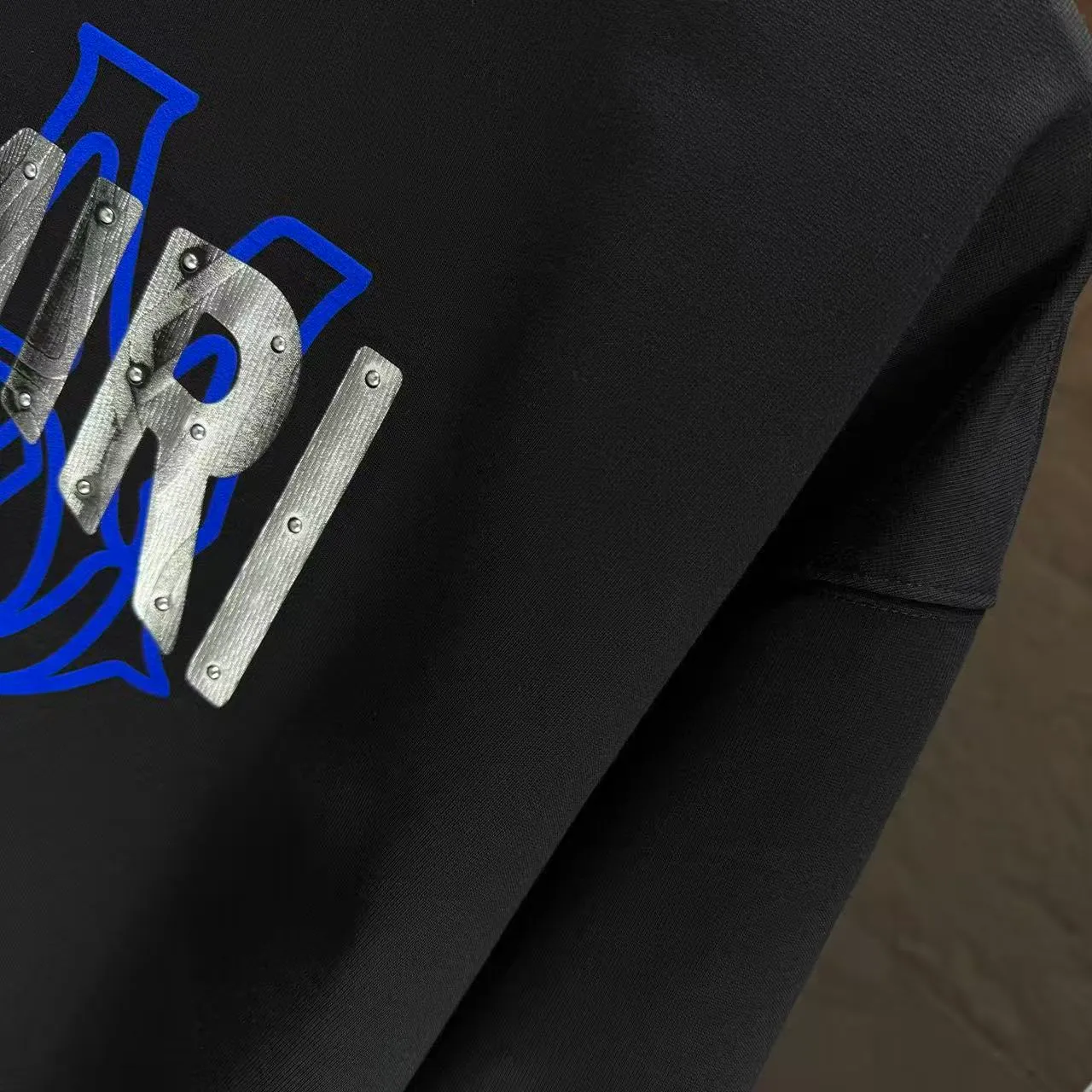 P210 AMIRI* 2025 autumn and winter new round neck sweatshirt 400g terry cotton letter flocking➕3D printing Color: Black White Gray Dark Blue Size: S M L XL XXL