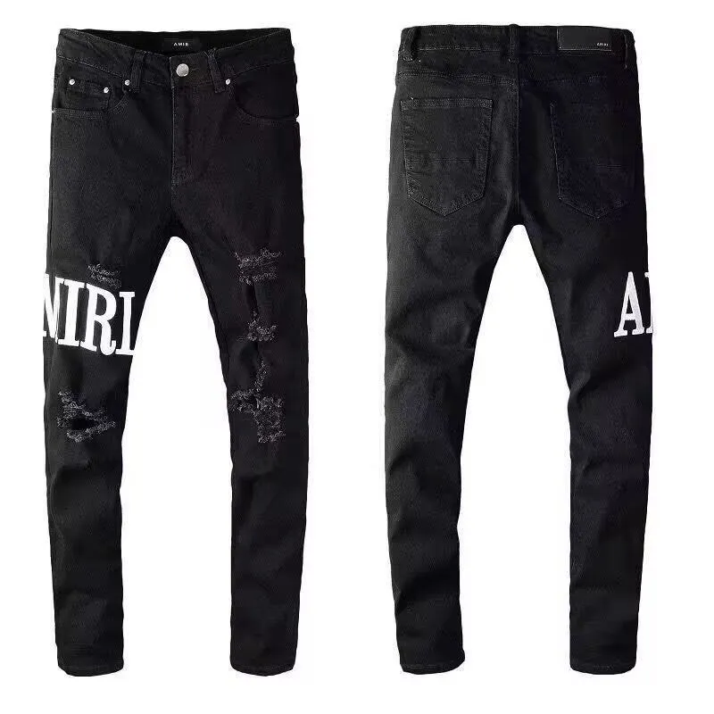 #M71 P168💰 AMIRI patch embroidery jeans trousers AMIRI high street basic ripped tight elastic jeans trousers amiri brand jeans break the production process and cutting of the original jeans, the fabrics are softer and more comfortable Hand-sewn collar label Customized logo buttons Genuine leather tag Color: Picture color Size: 30-32-34-36