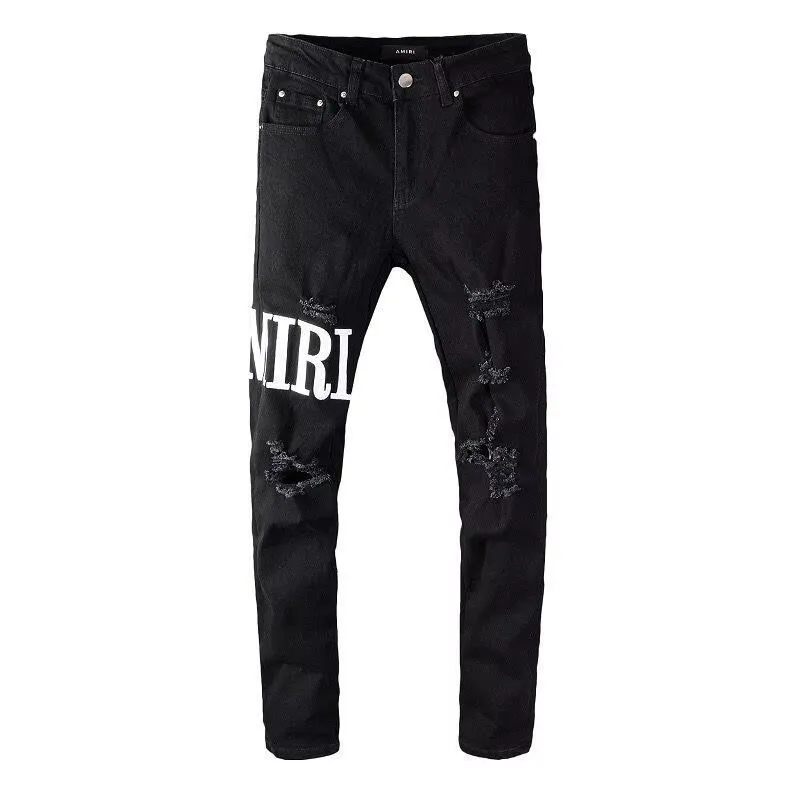 #M71 P168💰 AMIRI patch embroidery jeans trousers AMIRI high street basic ripped tight elastic jeans trousers amiri brand jeans break the production process and cutting of the original jeans, the fabrics are softer and more comfortable Hand-sewn collar label Customized logo buttons Genuine leather tag Color: Picture color Size: 30-32-34-36