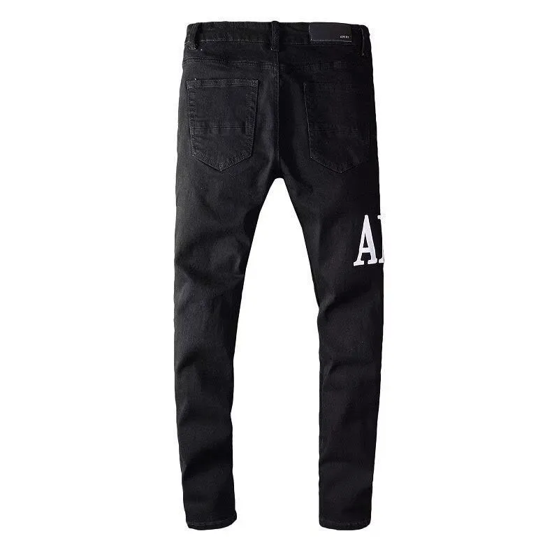 #M71 P168💰 AMIRI patch embroidery jeans trousers AMIRI high street basic ripped tight elastic jeans trousers amiri brand jeans break the production process and cutting of the original jeans, the fabrics are softer and more comfortable Hand-sewn collar label Customized logo buttons Genuine leather tag Color: Picture color Size: 30-32-34-36