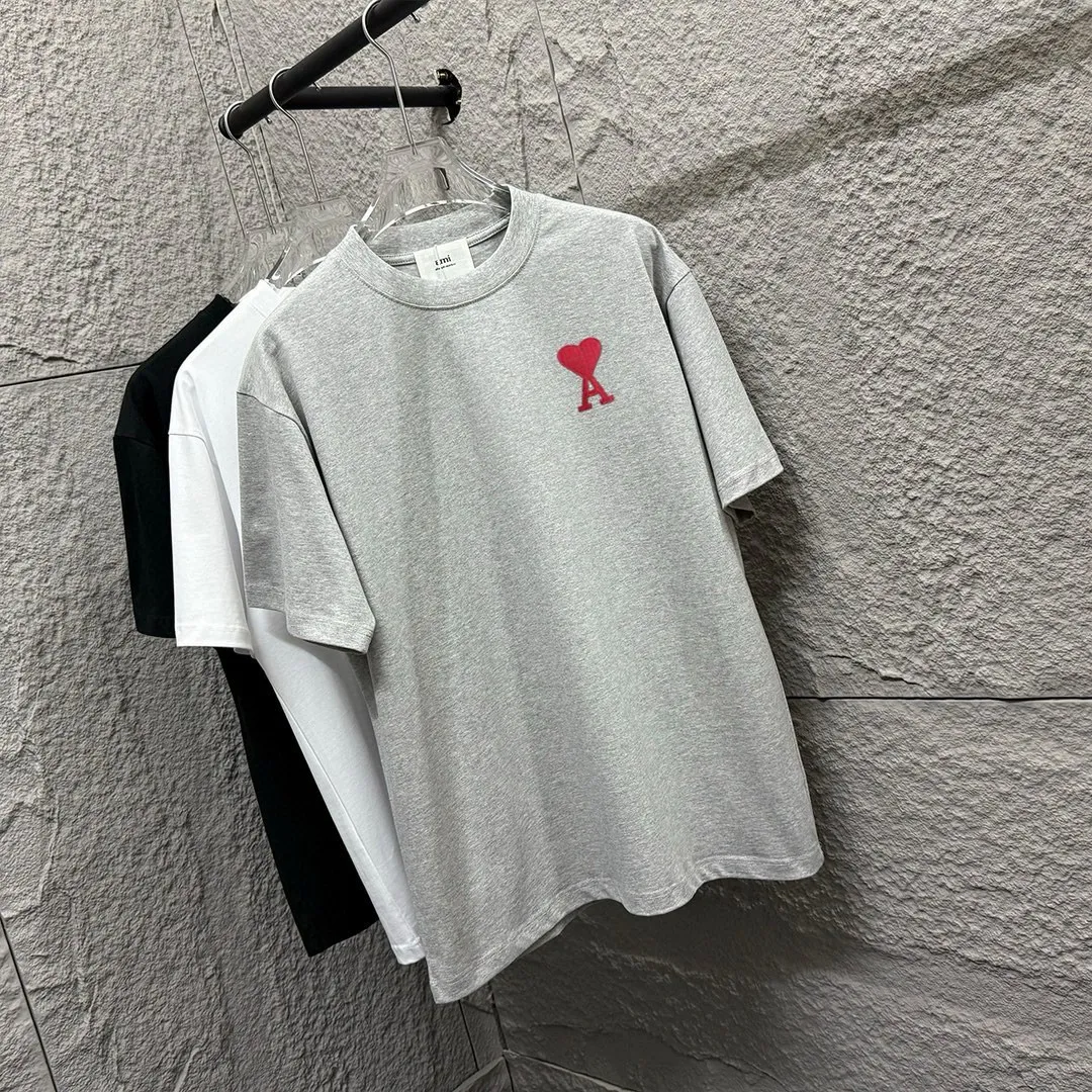 🅿️180 Ami* love embroidery 2025 spring and summer new style Big love A embroidered personalized letters Customized double yarn plain cotton fabric Short-sleeved T-shirt Uniform for men and women Color: white floral gray black Size: S (90-130 pounds) M (120-150 pounds) L (140-165 pounds) XL (160-180 pounds) XXL (180-210 pounds)