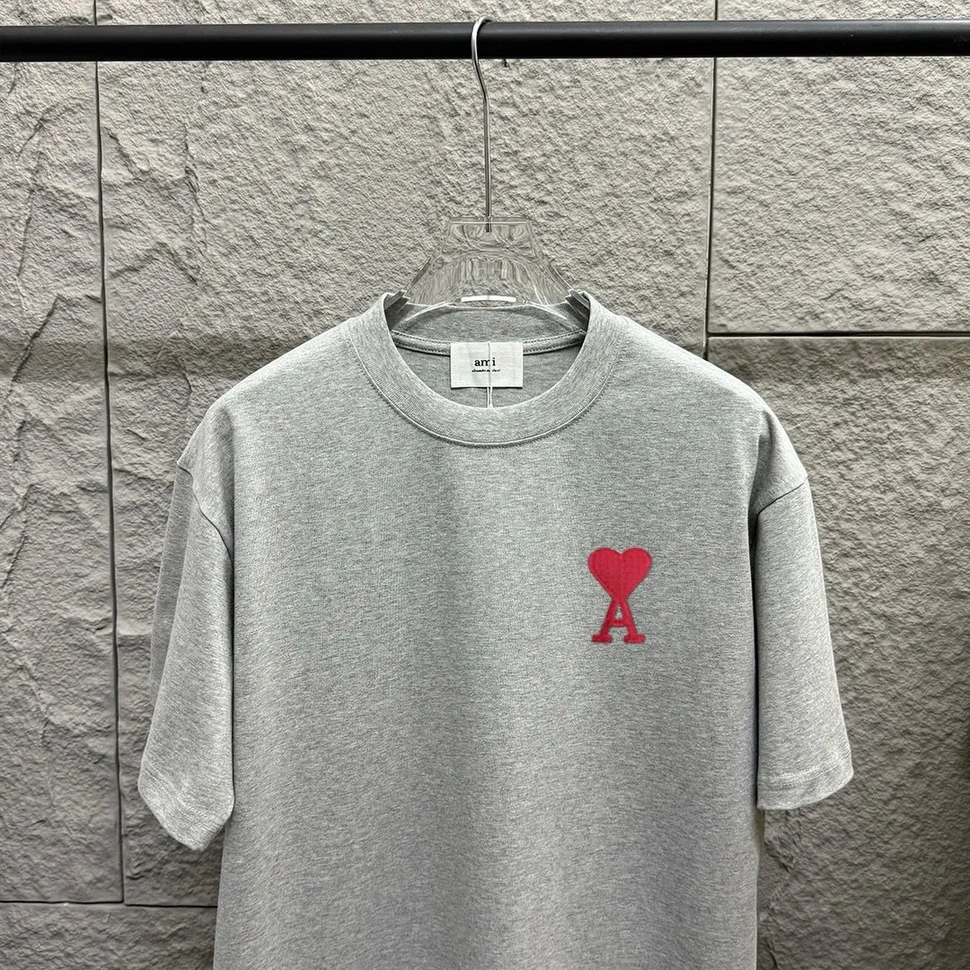 🅿️180 Ami* love embroidery 2025 spring and summer new style Big love A embroidered personalized letters Customized double yarn plain cotton fabric Short-sleeved T-shirt Uniform for men and women Color: white floral gray black Size: S (90-130 pounds) M (120-150 pounds) L (140-165 pounds) XL (160-180 pounds) XXL (180-210 pounds)