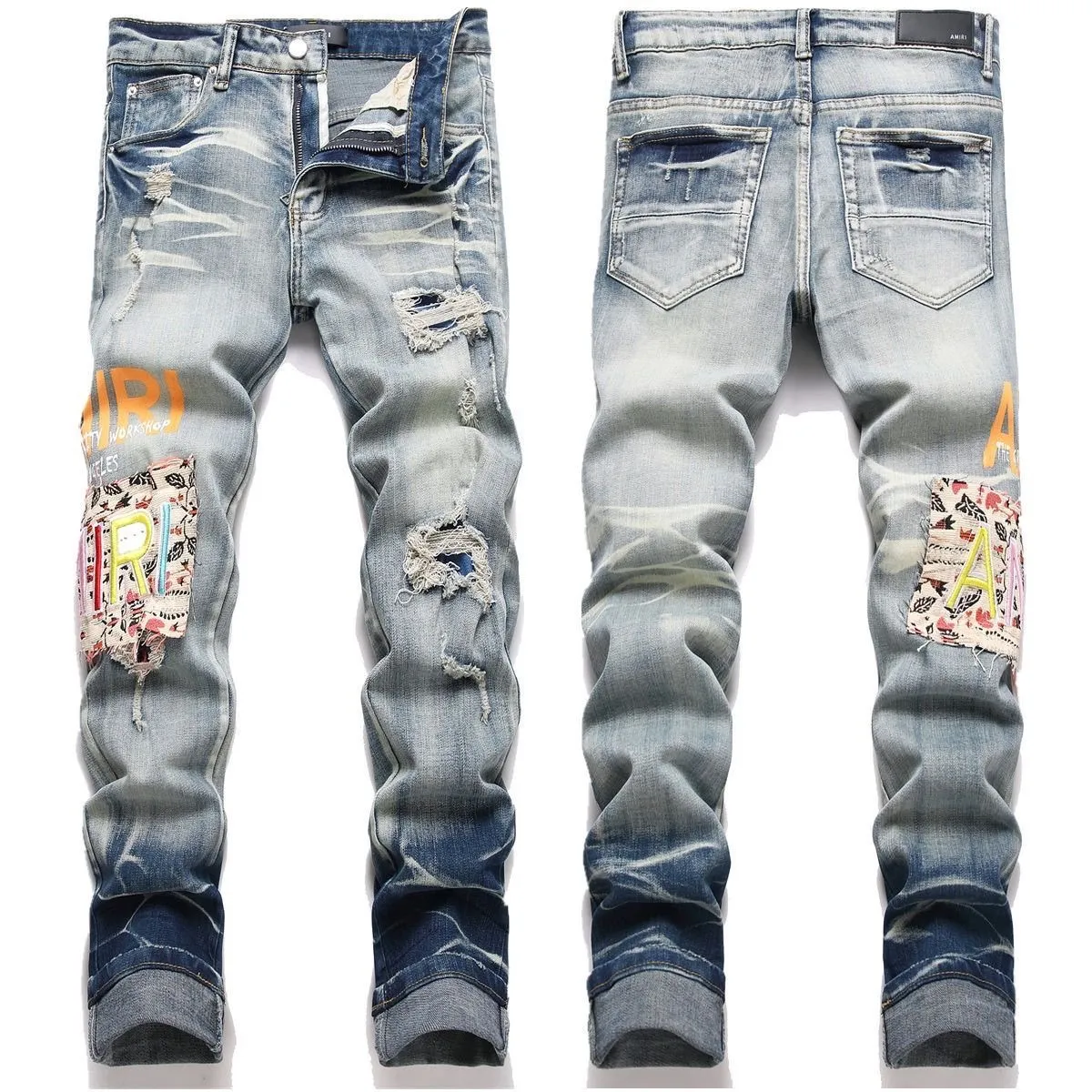￼ #M46 P168💰 Amiri’s classic embroidered leather ripped letter jeans. Slim fit jeans. Produced by a major washed factory. Full of high-end. Partial damage to the knees and patchwork design. Already used as a facade design. Leather waist nameplate. The focus of this style is not on the washing, but on the shape and version of the damage. The secret lies in the craftsmanship of the master. The cost of post-processing, grinding, cutting, etc. is far beyond the cost of assembly line products. Color: Picture color Size: 30-32-34-36