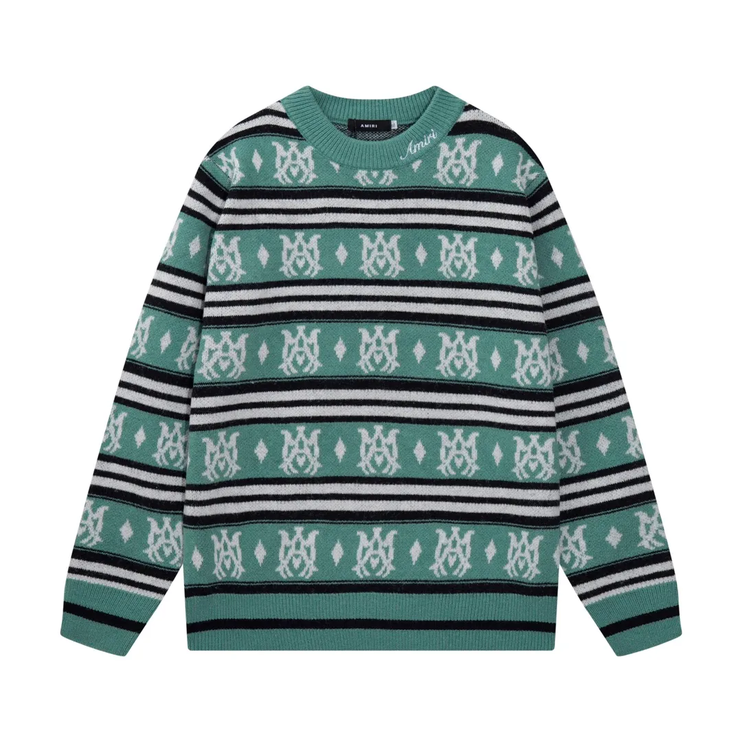 P300 AMIRI new style neckline personalized logo embroidered jacquard seahorse wool sweater Color: Gray Green Size: S M L XL XXL