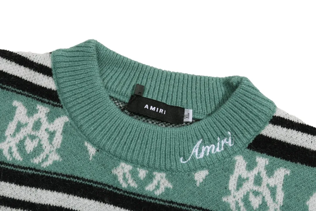 P300 AMIRI new style neckline personalized logo embroidered jacquard seahorse wool sweater Color: Gray Green Size: S M L XL XXL