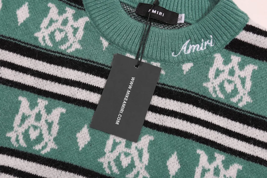 P300 AMIRI new style neckline personalized logo embroidered jacquard seahorse wool sweater Color: Gray Green Size: S M L XL XXL