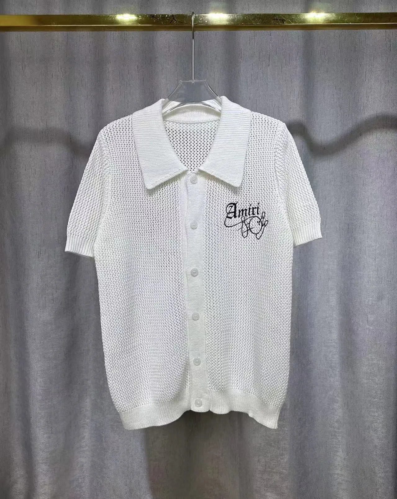 P270 🎉2025 AMIRI new summer sweater fabric POLO collar cardigan short sleeves, front and back bowling balls 🎳 pattern embroidery 🈵 body hollow heavy craftsmanship Color: White Black Size: S M L XL XXL