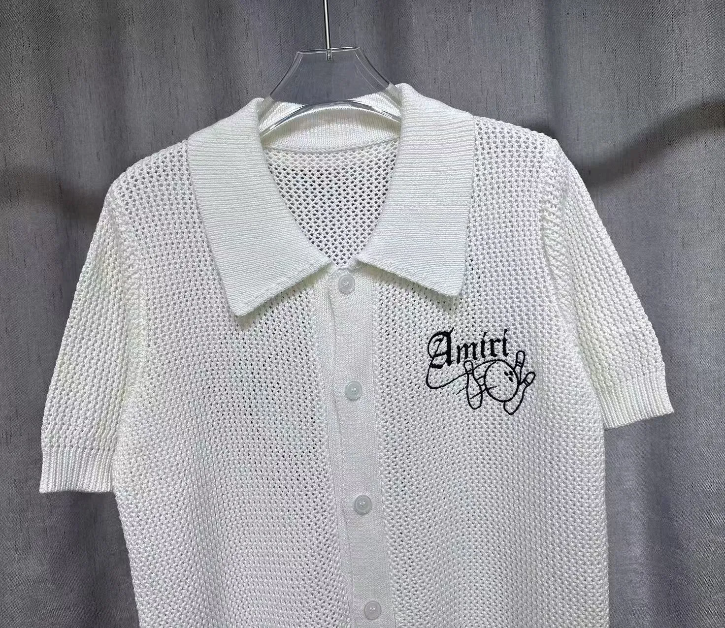 P270 🎉2025 AMIRI new summer sweater fabric POLO collar cardigan short sleeves, front and back bowling balls 🎳 pattern embroidery 🈵 body hollow heavy craftsmanship Color: White Black Size: S M L XL XXL