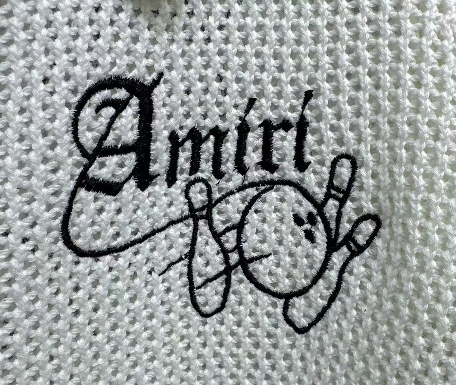 P270 🎉2025 AMIRI new summer sweater fabric POLO collar cardigan short sleeves, front and back bowling balls 🎳 pattern embroidery 🈵 body hollow heavy craftsmanship Color: White Black Size: S M L XL XXL