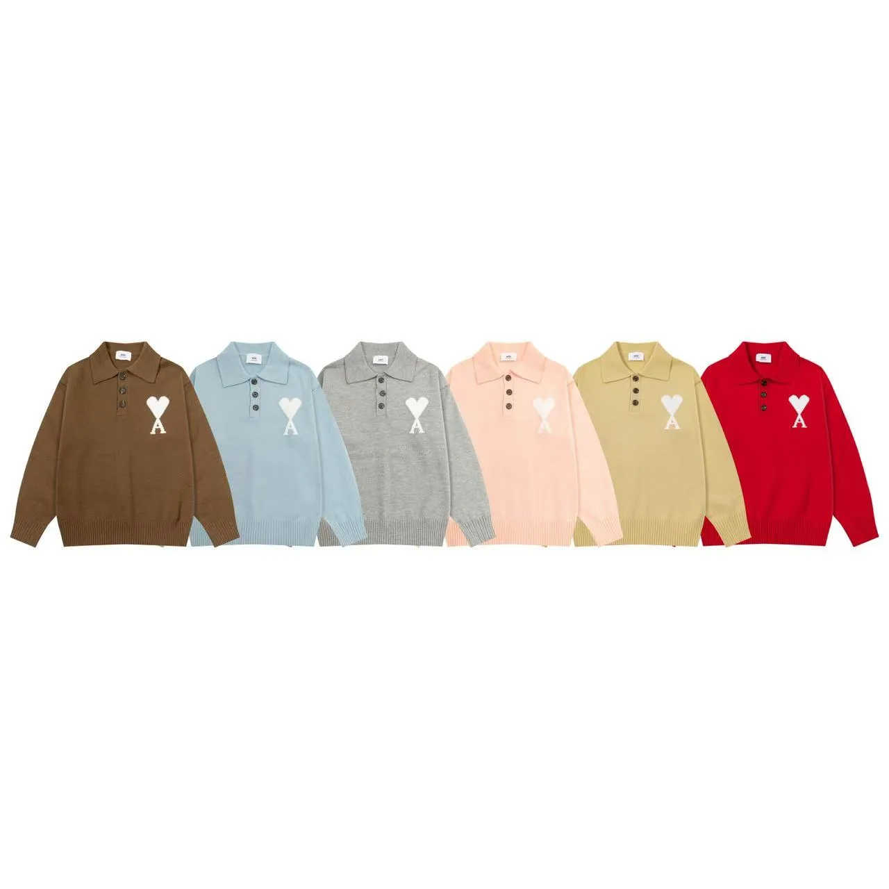 Ami Paris 2025 [New product for autumn and winter] White love jacquard ADC alpaca blended loose sweater Polo collar pullover sweater, same style for men and women, Oversize version Color: Brown Blue Light Gray Light Pink Red Size: S-XL