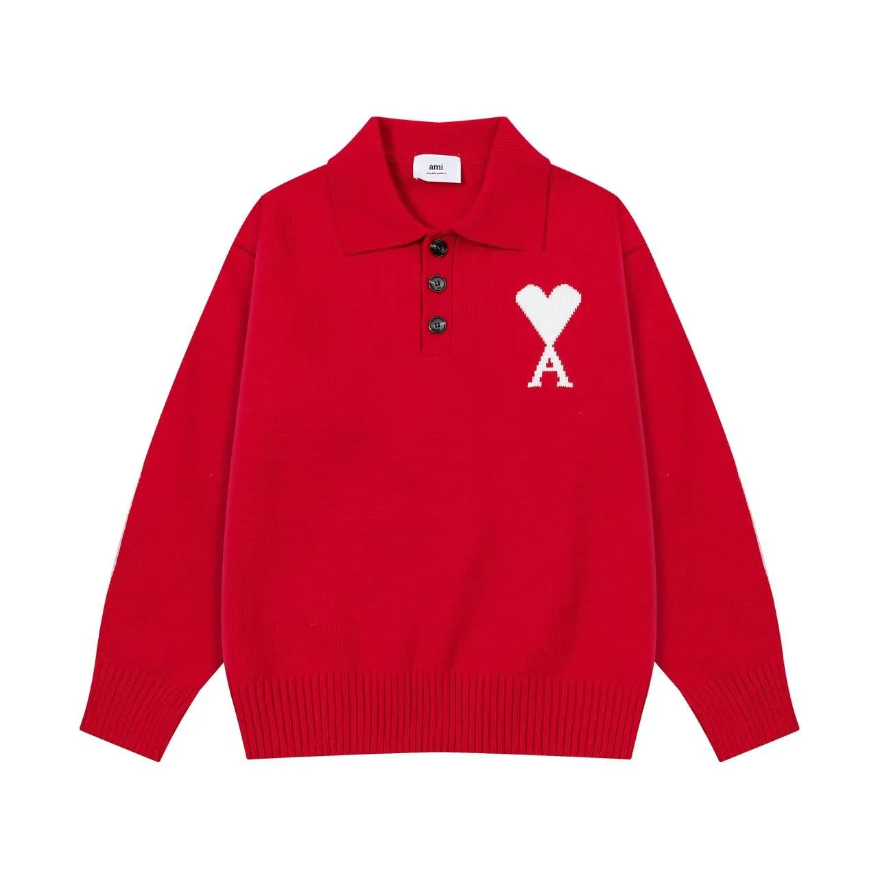 Ami Paris 2025 [New product for autumn and winter] White love jacquard ADC alpaca blended loose sweater Polo collar pullover sweater, same style for men and women, Oversize version Color: Brown Blue Light Gray Light Pink Red Size: S-XL