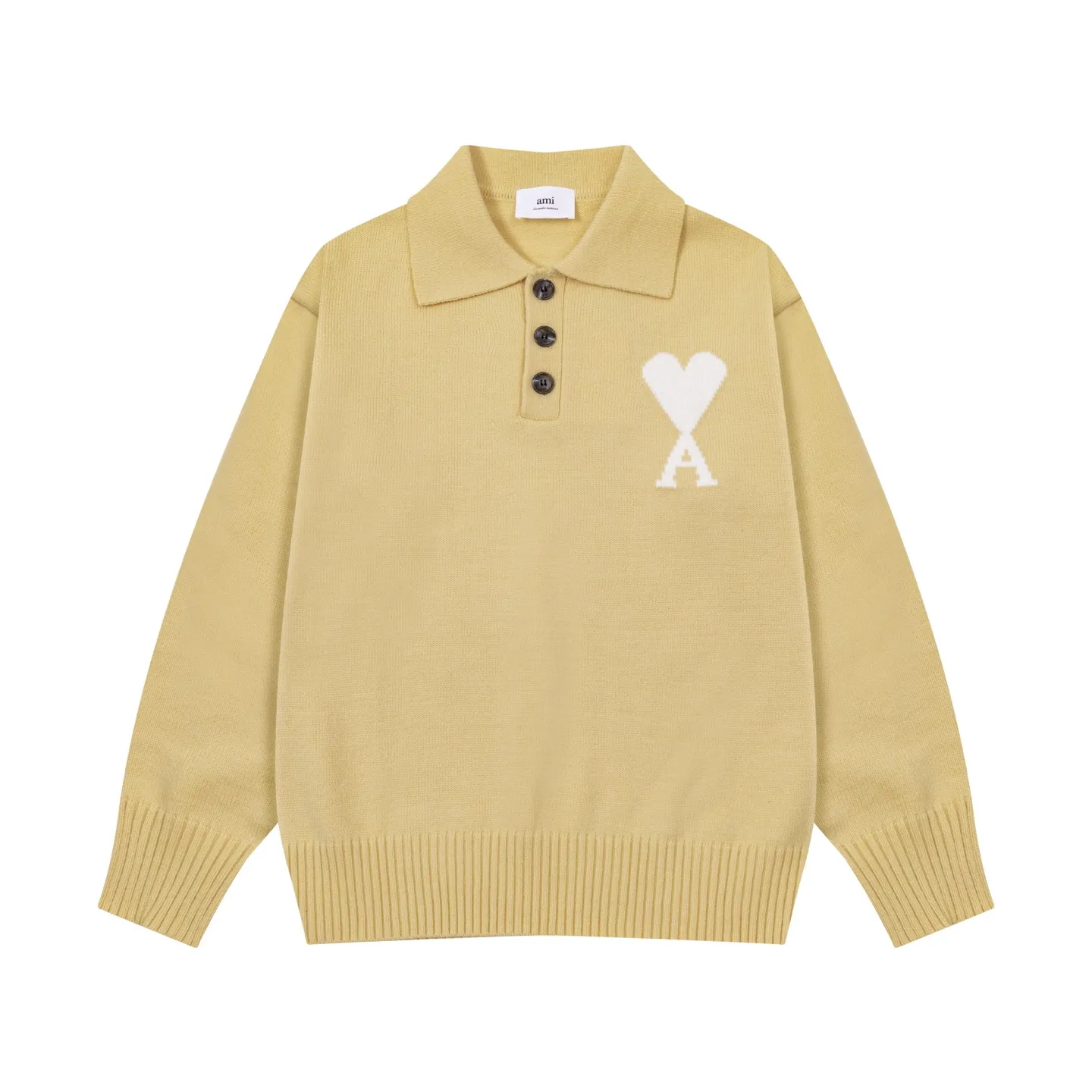 Ami Paris 2025 [New product for autumn and winter] White love jacquard ADC alpaca blended loose sweater Polo collar pullover sweater, same style for men and women, Oversize version Color: Brown Blue Light Gray Light Pink Red Size: S-XL