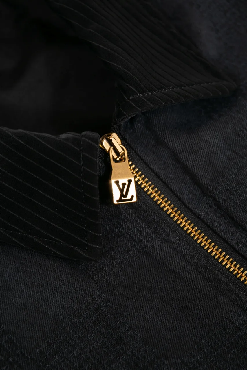 LV DAMIER Cotton Work Belt Jacket This washed denim belt jacket continues the American workwear style of the 2024 autumn and winter show, incorporating the Marque L.Vuitton déposée logo into Damier jacquard canvas. One of the LV Saddle leather patch pockets and nubuck collar with embossed Epi graphic. Buttons add a dandy touch to the cuffs and waist straps, and the unlined design is perfect for different seasons.  Regular fit Marque L.Vuitton déposée logo in Damier jacquard LV Saddle patch on lower left pocket Nubuck collar with Epi embossing Zip front with LV stamped zipper pull Patch pockets Studs Adjustable straps with buttons at cuffs and waist