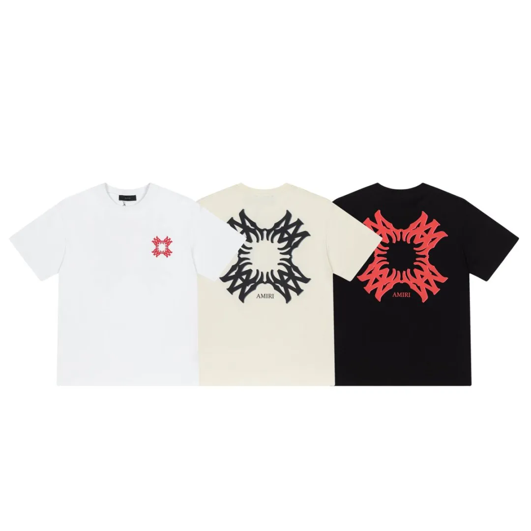 8006#P144, AMIRI logo hand-printed loose-fitting short-sleeved T-shirt, made of 300g fabric, color: black, white, apricot, size: S M L XL