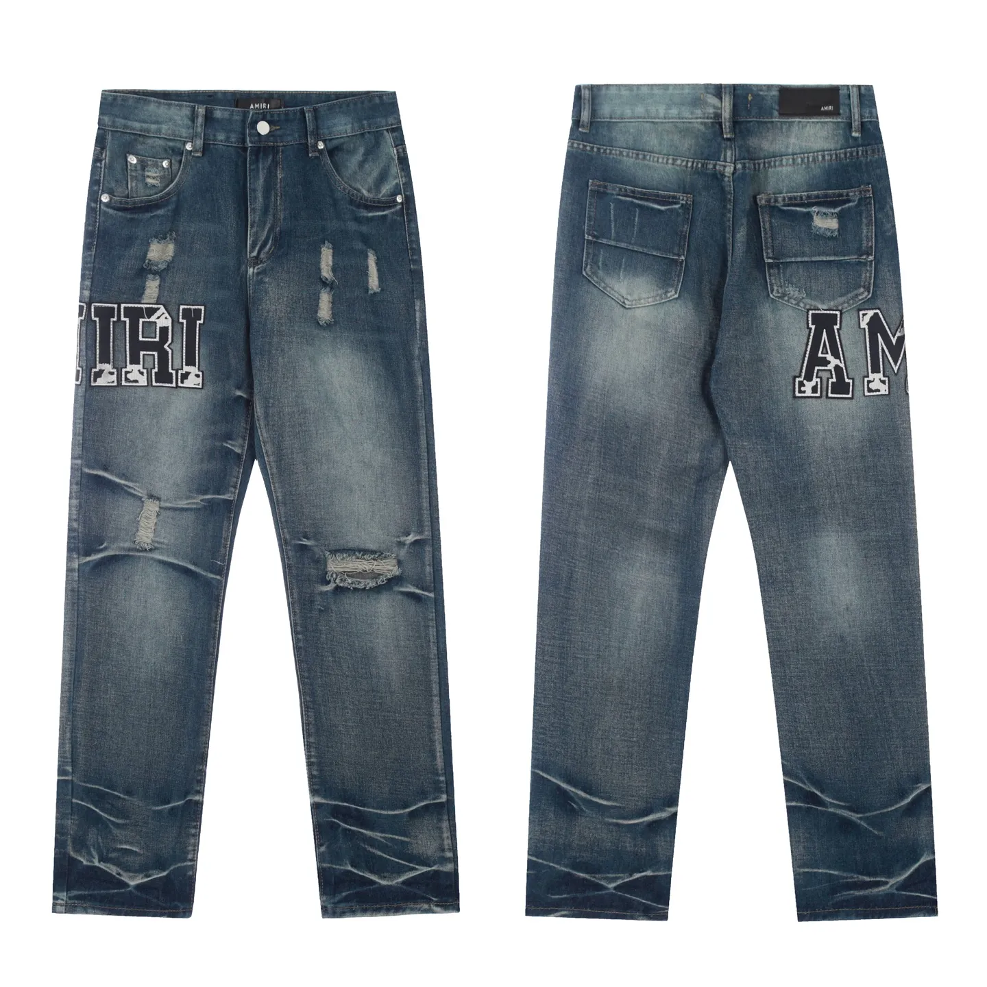 #M42 P168💰 Amiri classic embroidered patched leather distressed lettered jeans. Slim fit jeans. Produced by a major washed factory. Full of high-end. Partial destruction of the knees and patchwork design. Already used as a facade design. Leather waist nameplate. The focus of this style is not on the washing, but on the destroyed shape and version. The secret lies in the craftsmanship of the master. The cost of post-processing, grinding, cutting, etc. is far beyond the cost of assembly line products. Color: Picture color Size: 30-32-34-36