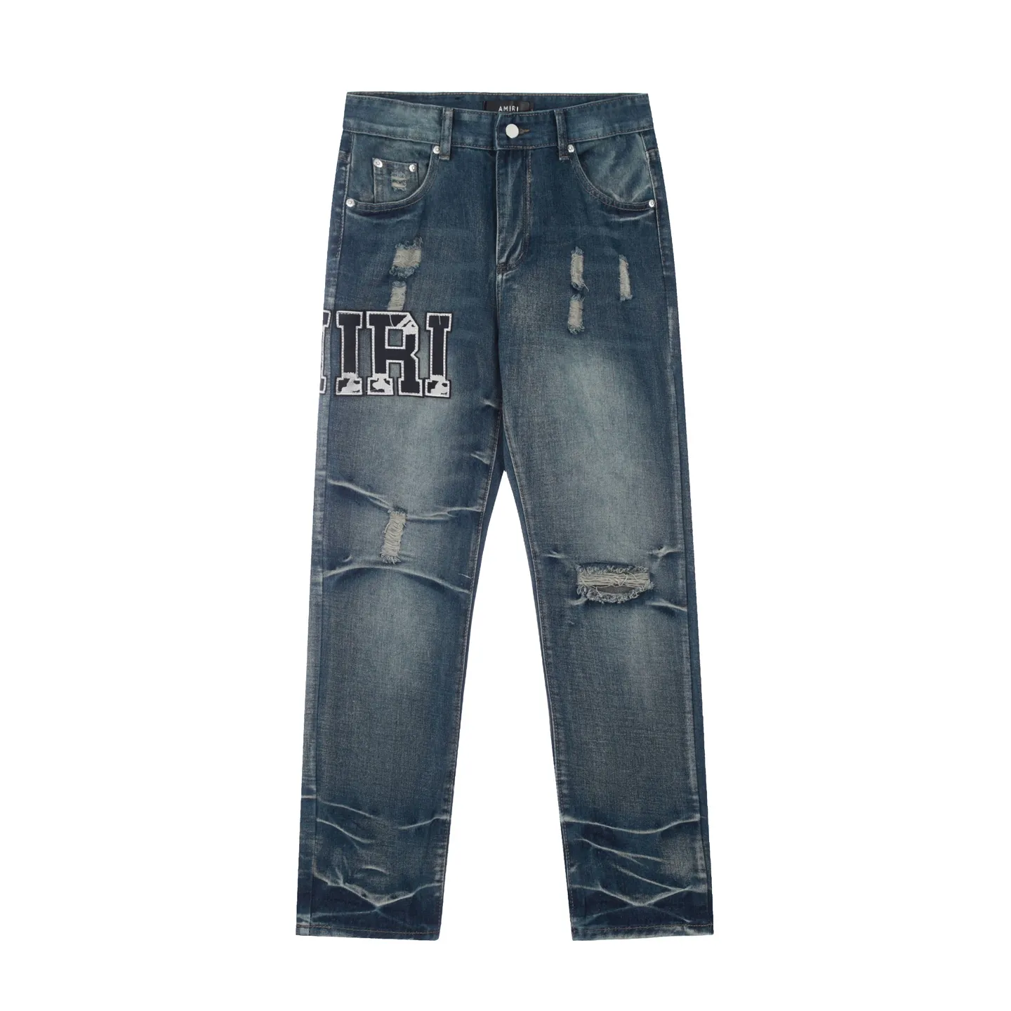 #M42 P168💰 Amiri classic embroidered patched leather distressed lettered jeans. Slim fit jeans. Produced by a major washed factory. Full of high-end. Partial destruction of the knees and patchwork design. Already used as a facade design. Leather waist nameplate. The focus of this style is not on the washing, but on the destroyed shape and version. The secret lies in the craftsmanship of the master. The cost of post-processing, grinding, cutting, etc. is far beyond the cost of assembly line products. Color: Picture color Size: 30-32-34-36